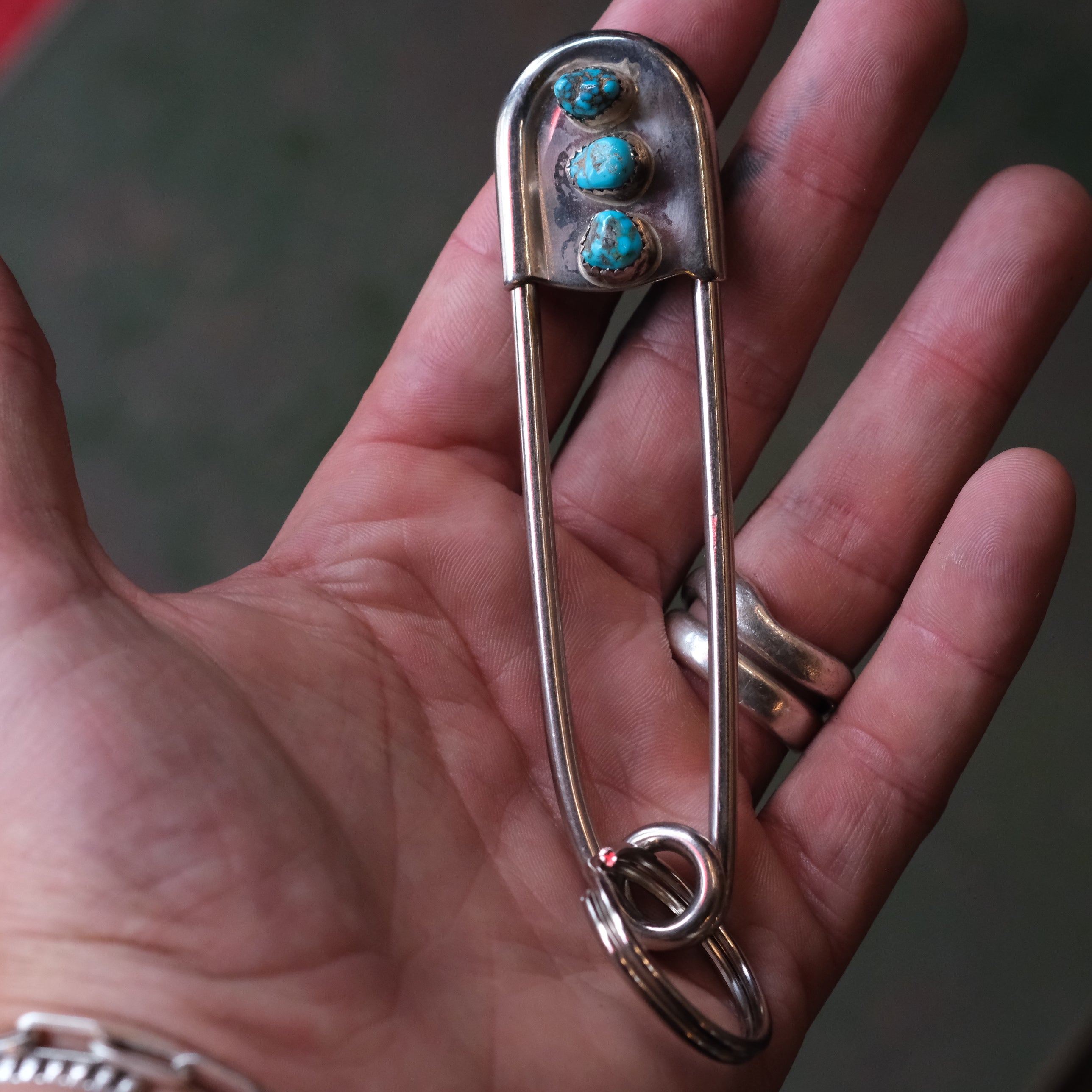Vintage 3-Stone Turquoise Safety Pin Keychain 4"