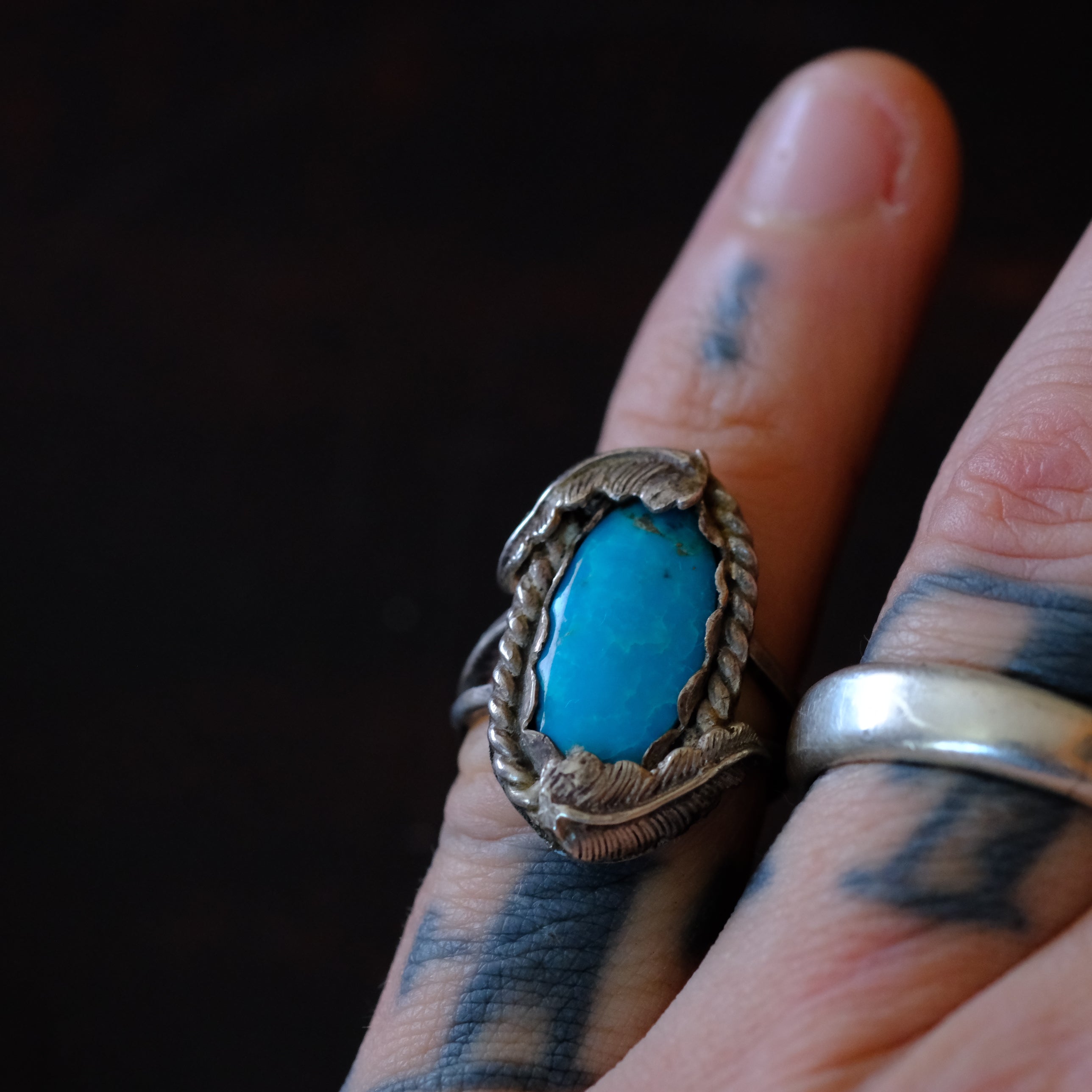 Vintage Sterling Turquoise Feather Ring 5.5