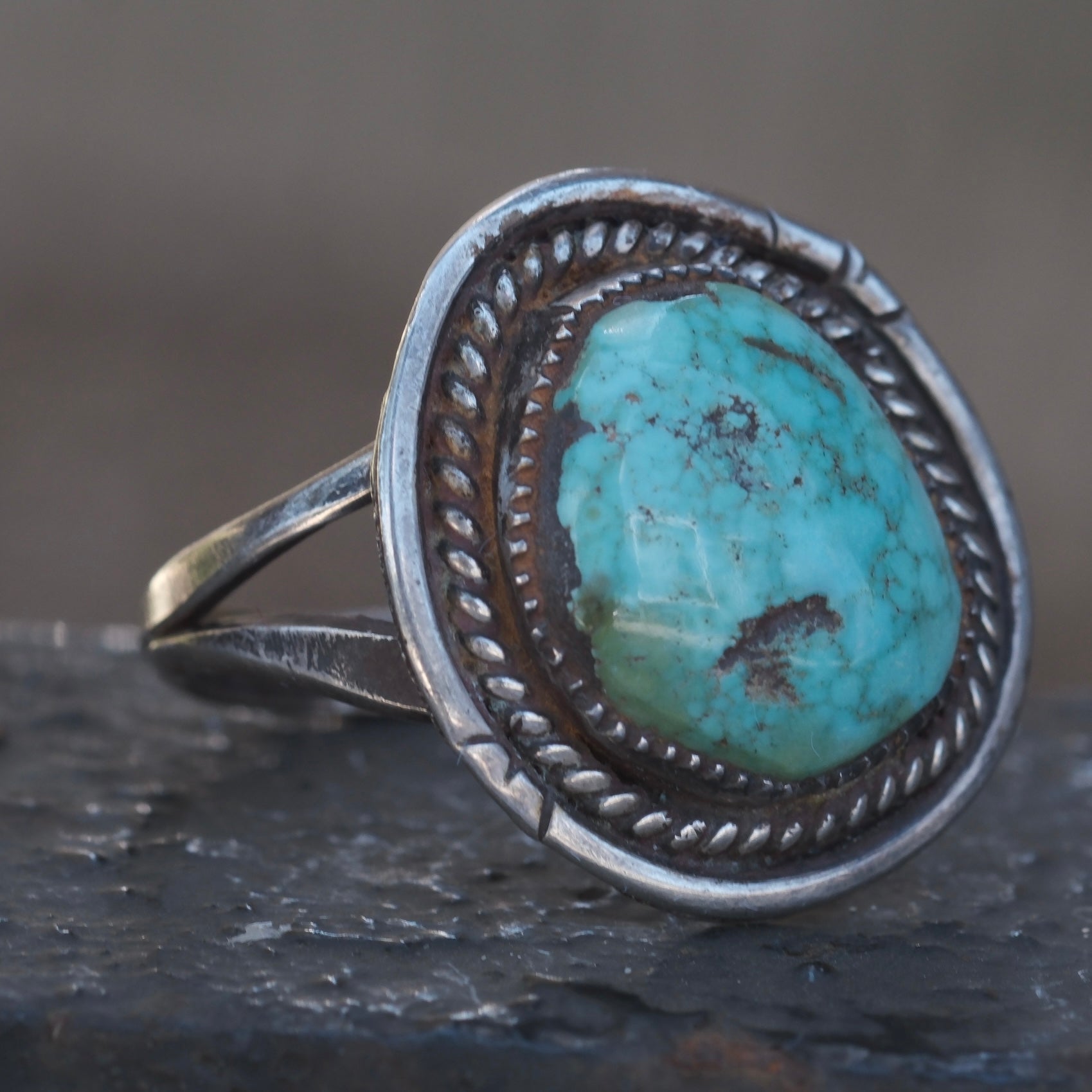 Vintage Sterling Turquoise Roper Ring 9.25