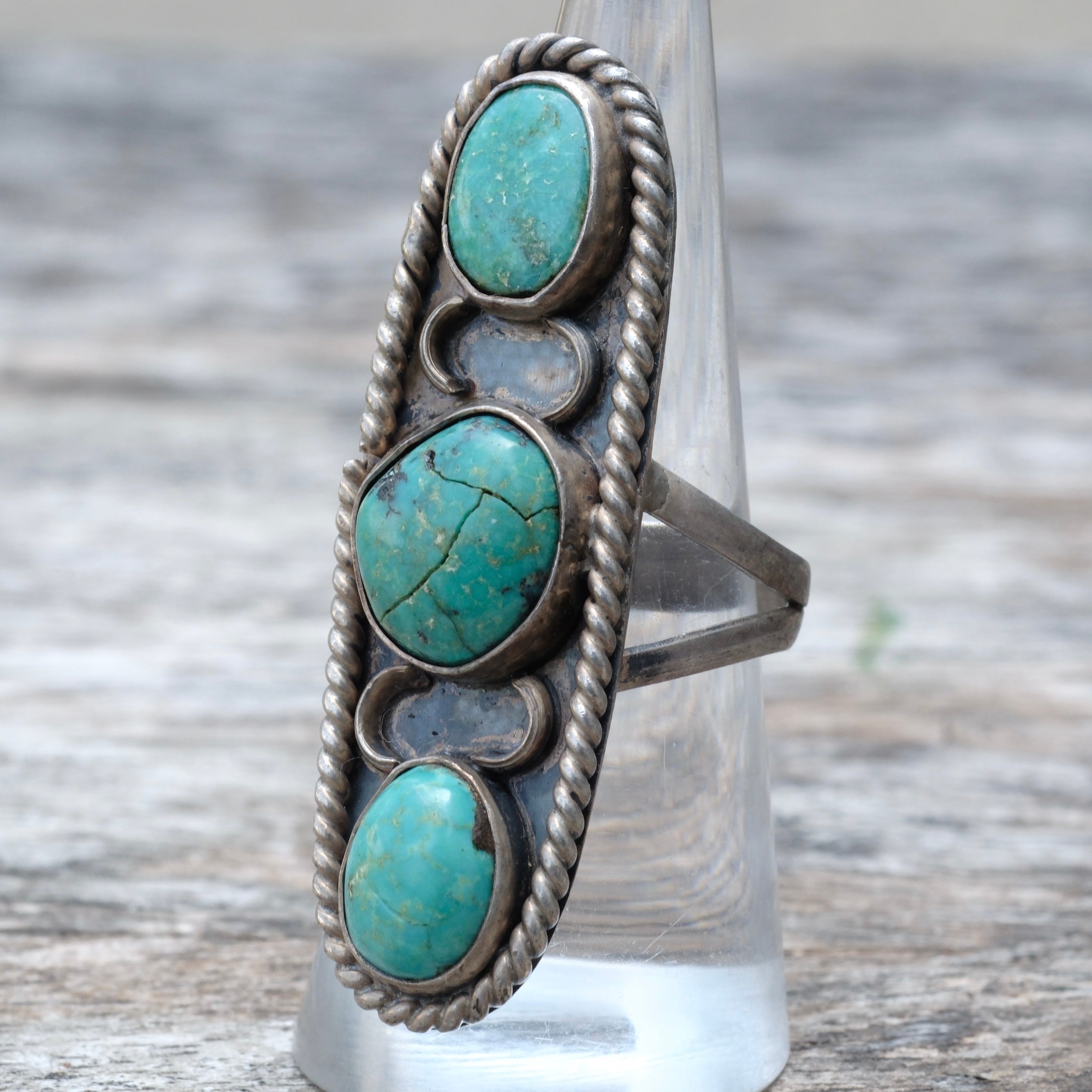 Vintage Sterling 3-Stone Turquoise Ring 7.75