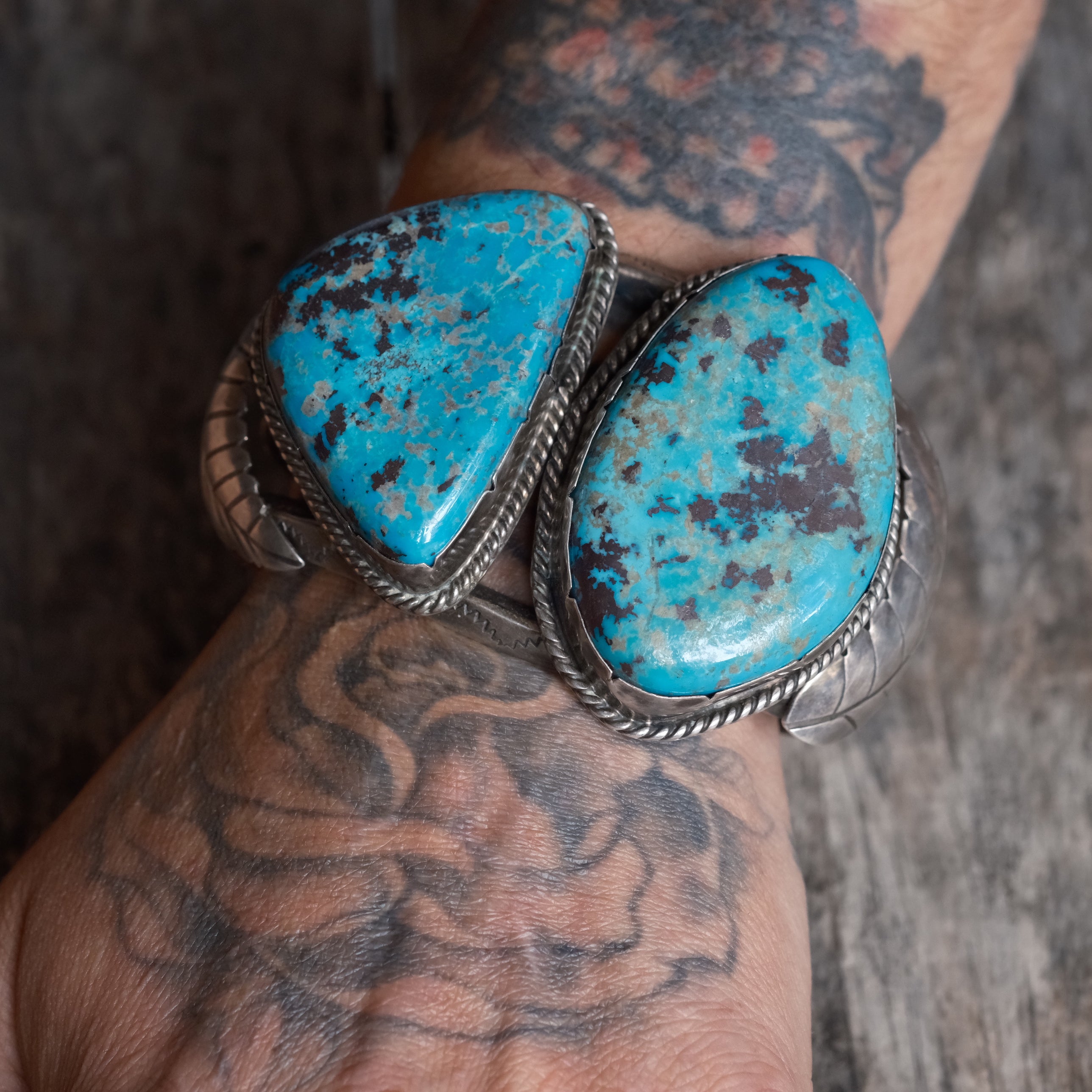 Massive Vintage Sterling 2-Stone Turquoise Stamped Feather Cuff Bracelet