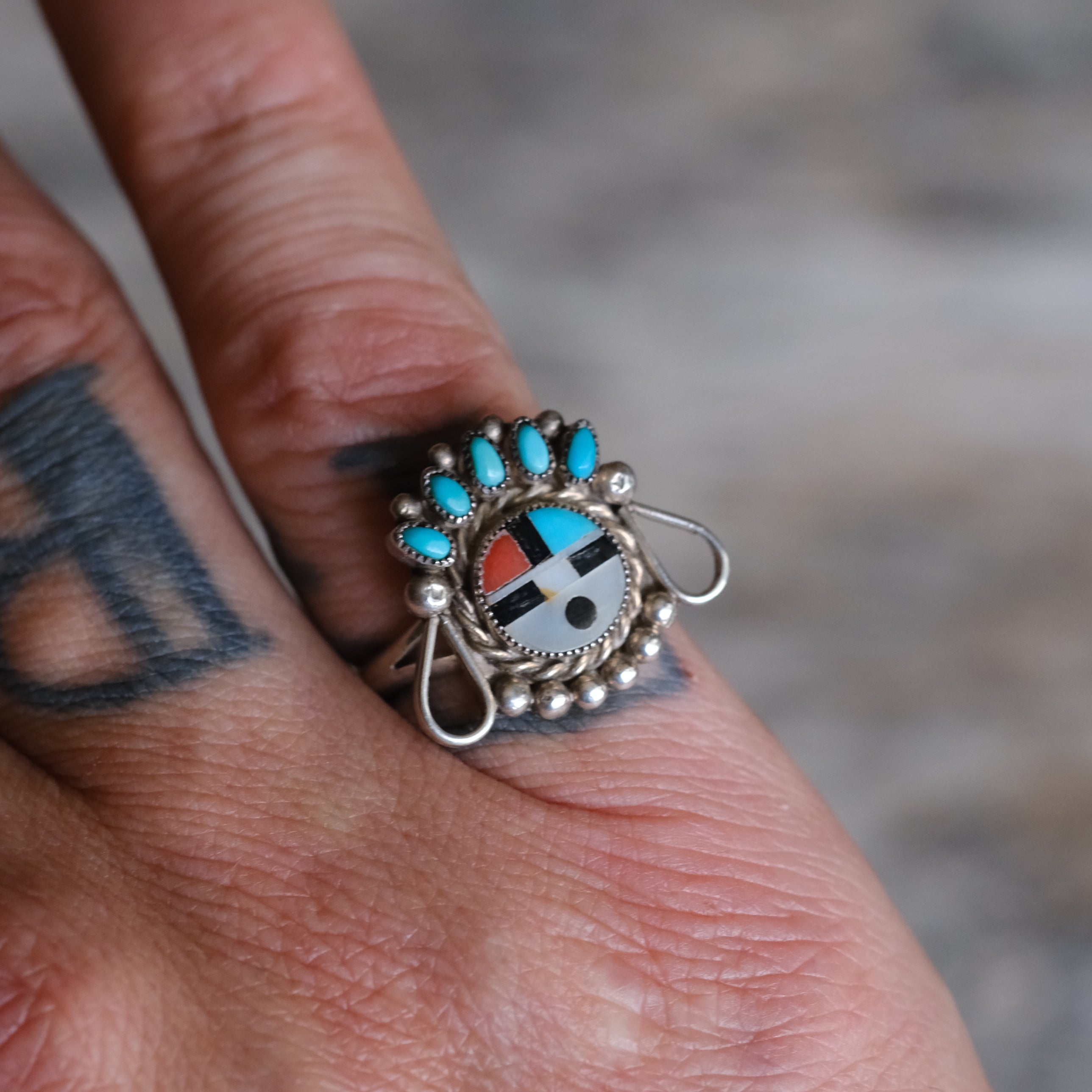 Vintage Sterling Multistone Inlay Zuni Sunface Ring 6.5