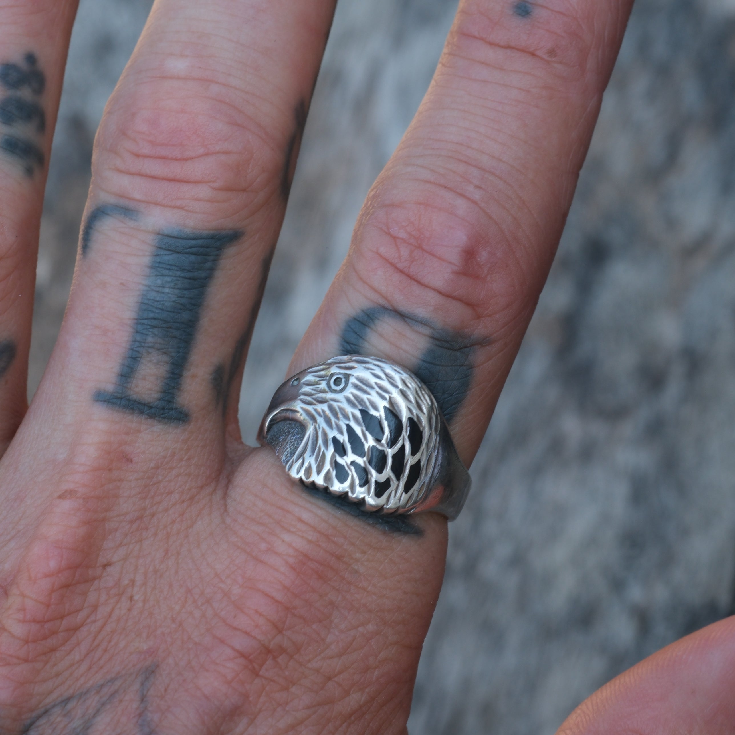 Vintage Sterling Onyx Eagle Ring 9.75