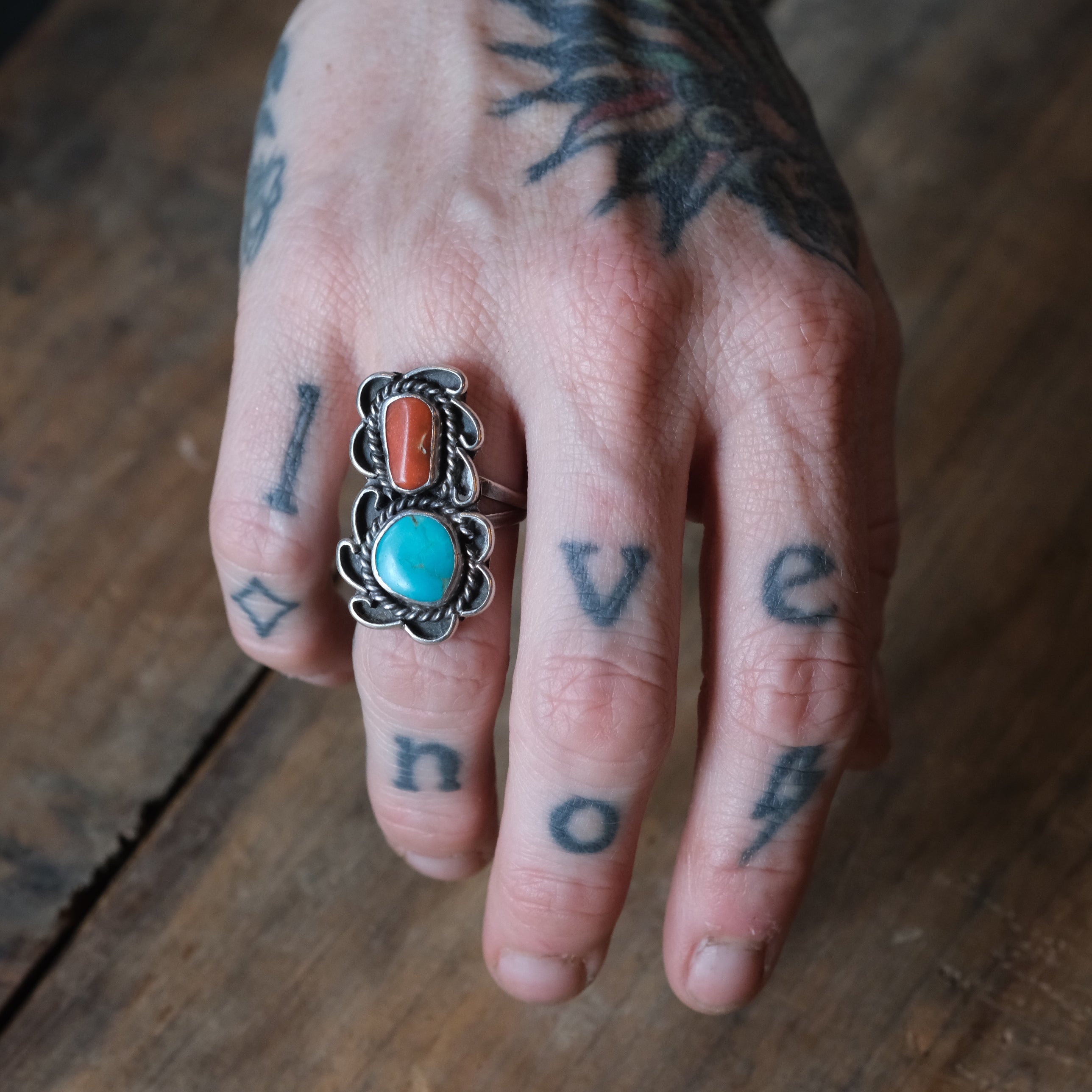 Vintage Sterling Turquoise and Coral Ring 6.25