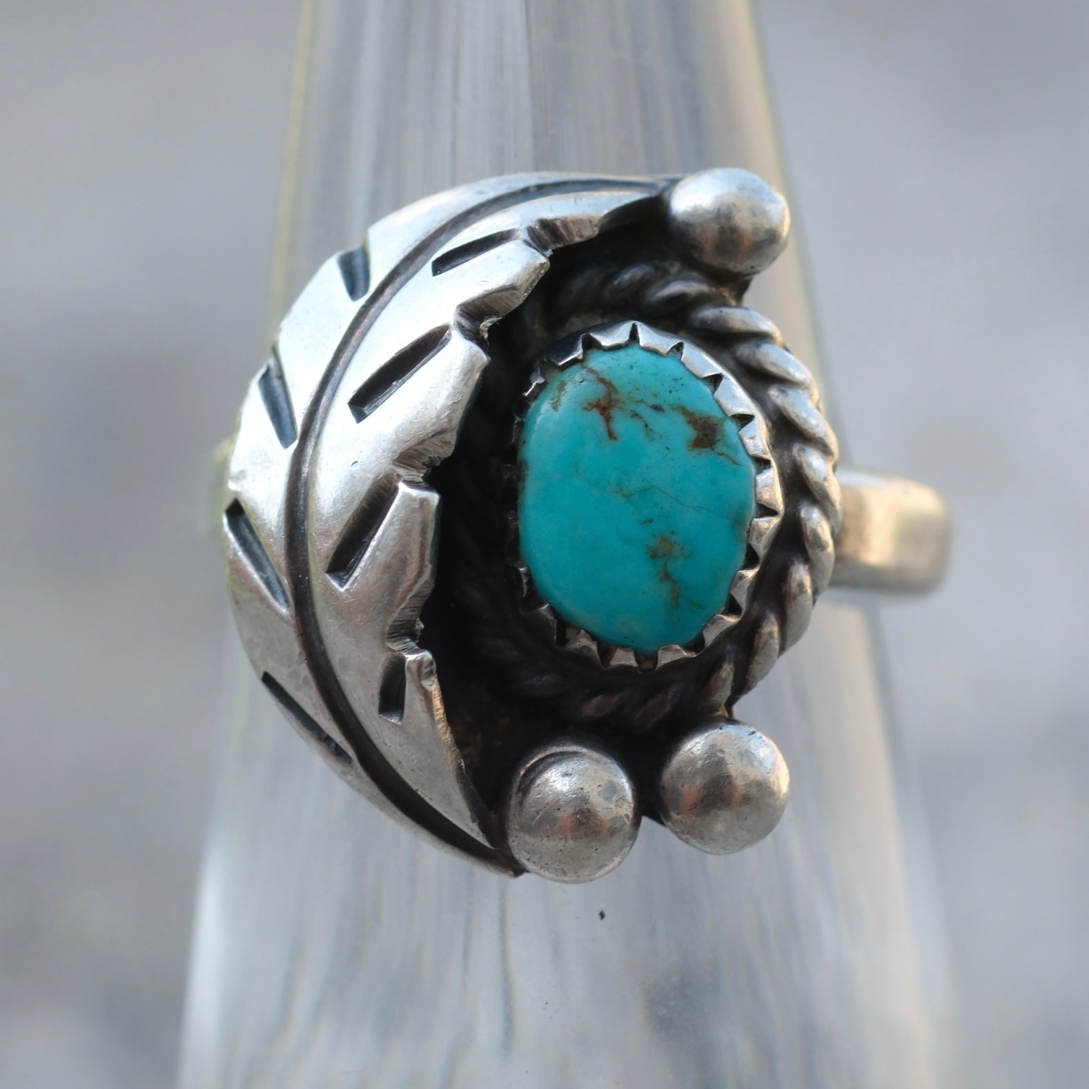 Vintage Sterling Turquoise Feather Ring 5.5