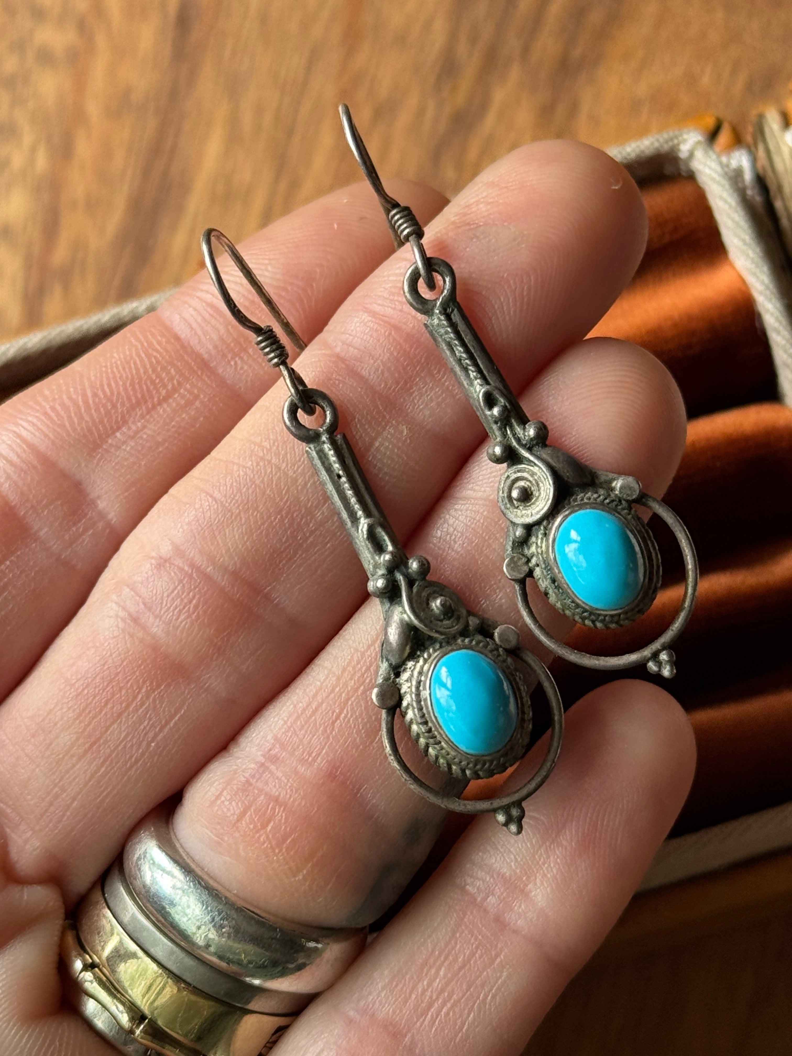 Vintage Sterling Silver Turquoise Filigree Earrings