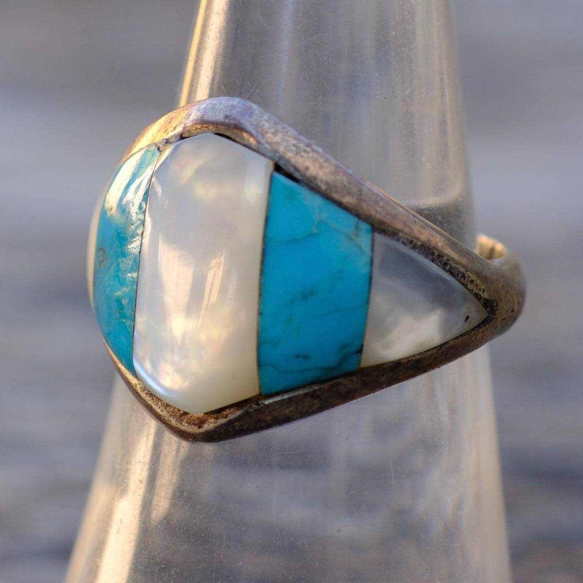 Vintage Sterling Mother Of Pearl Inlay Ring 7.25