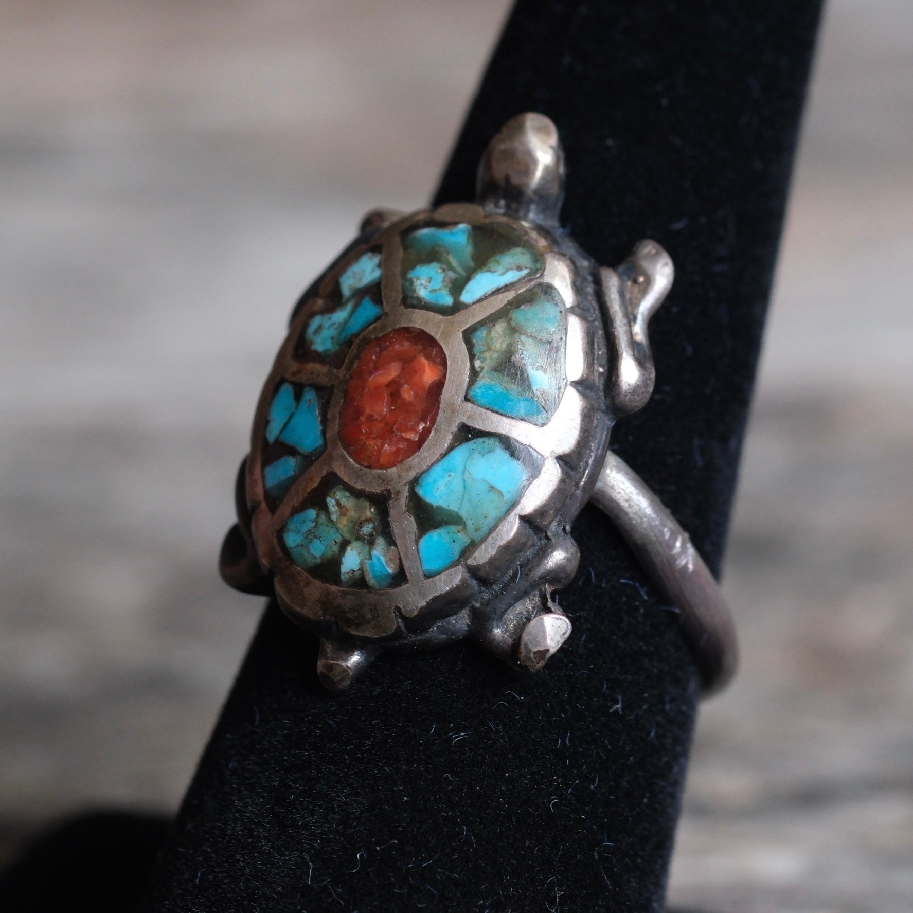 Vintage Sterling Turquoise and Coral Inlay Turtle Ring 7.25