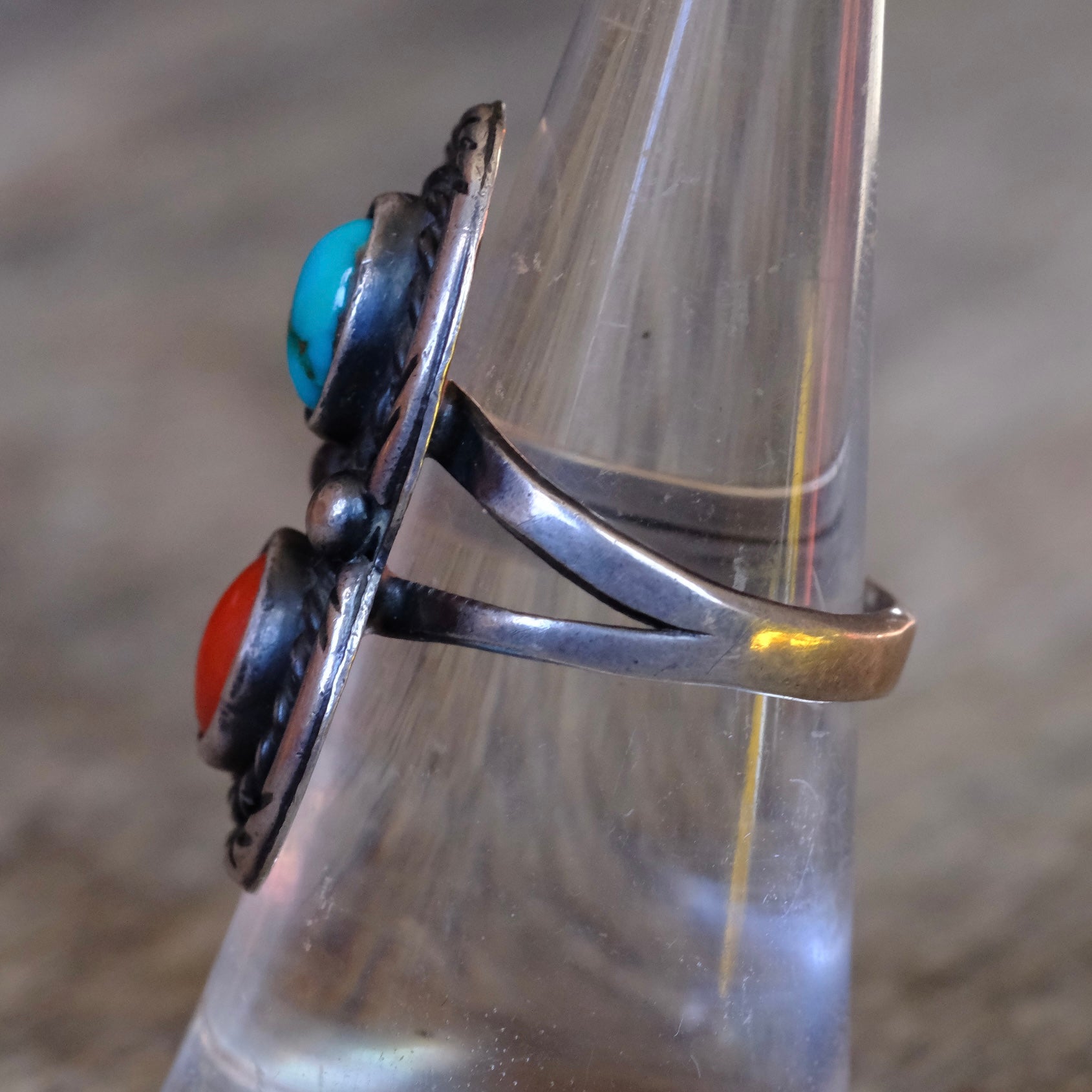 Vintage Sterling Turquoise and Coral Roper Ring 7