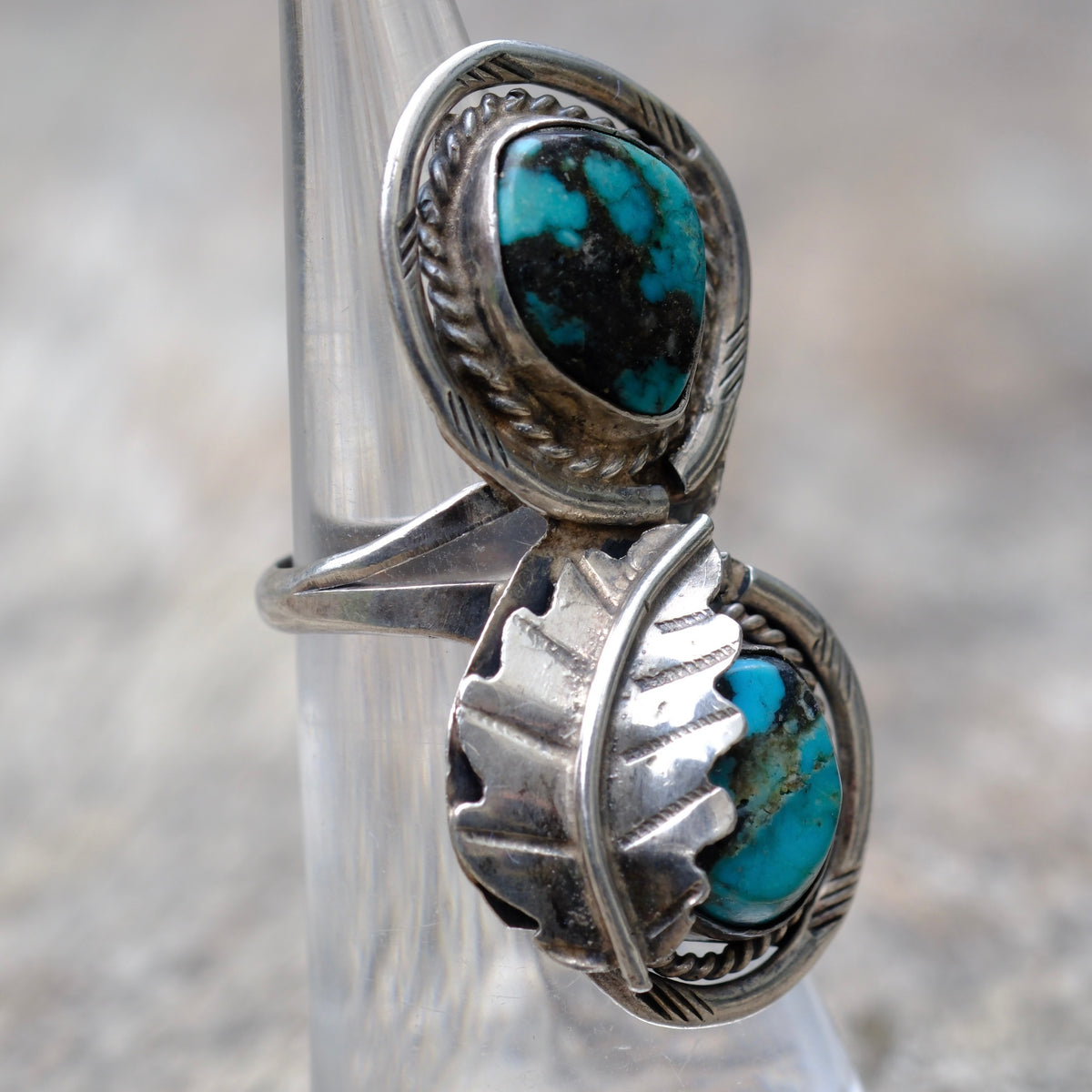 Vintage Sterling 2-Stone Turquoise Feather Ring 4.5