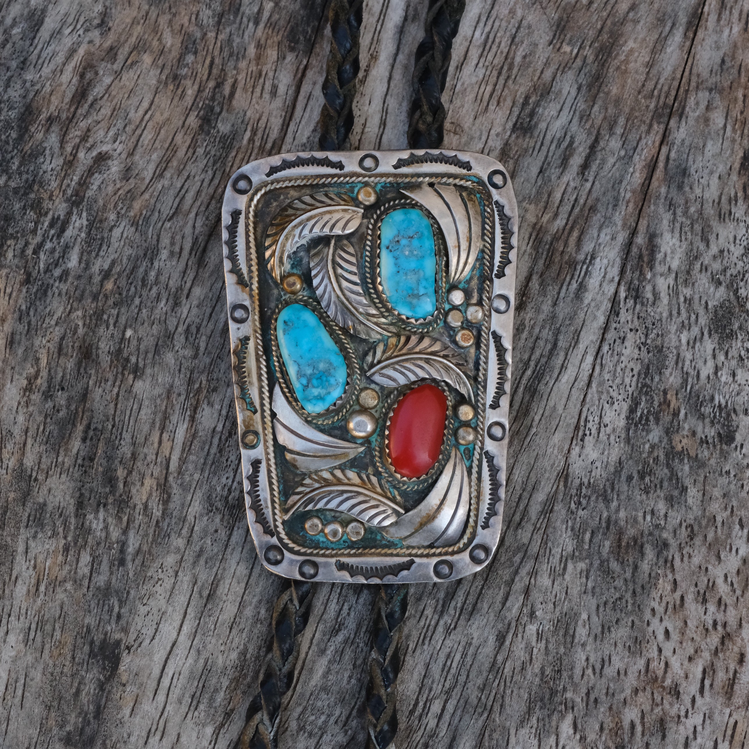 Vintage Sterling Turquoise and Coral Feather Bolo Tie