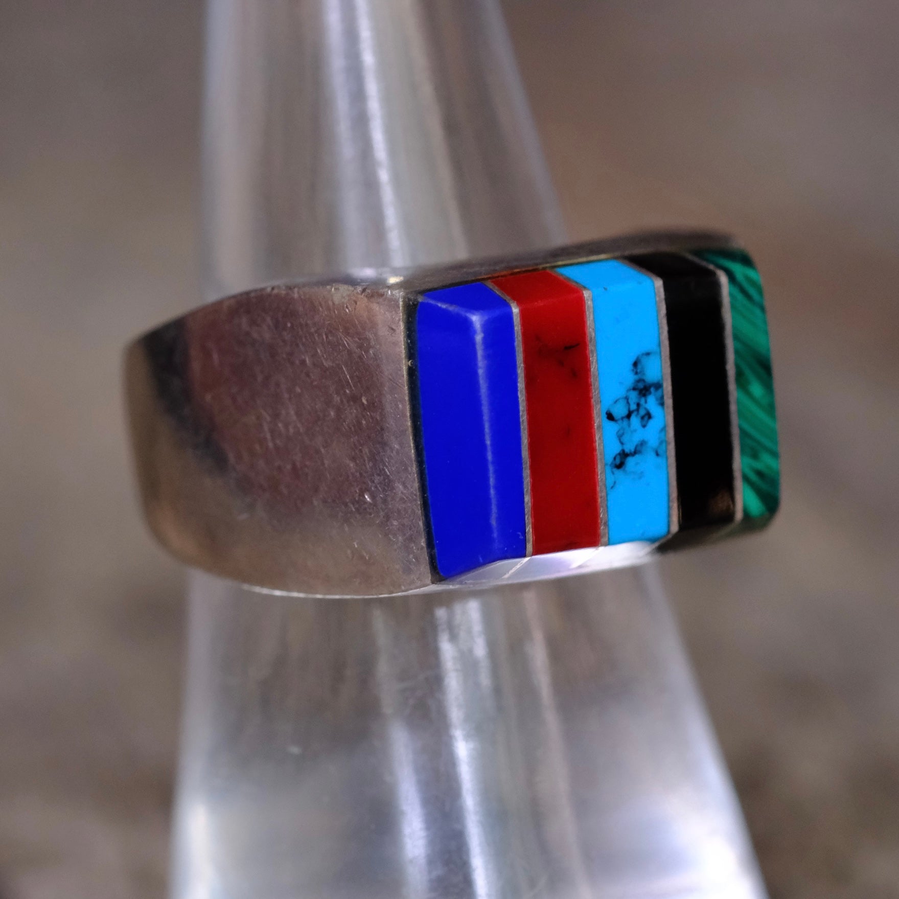 Vintage Sterling Multistone Inlay Striper Ring 7.75