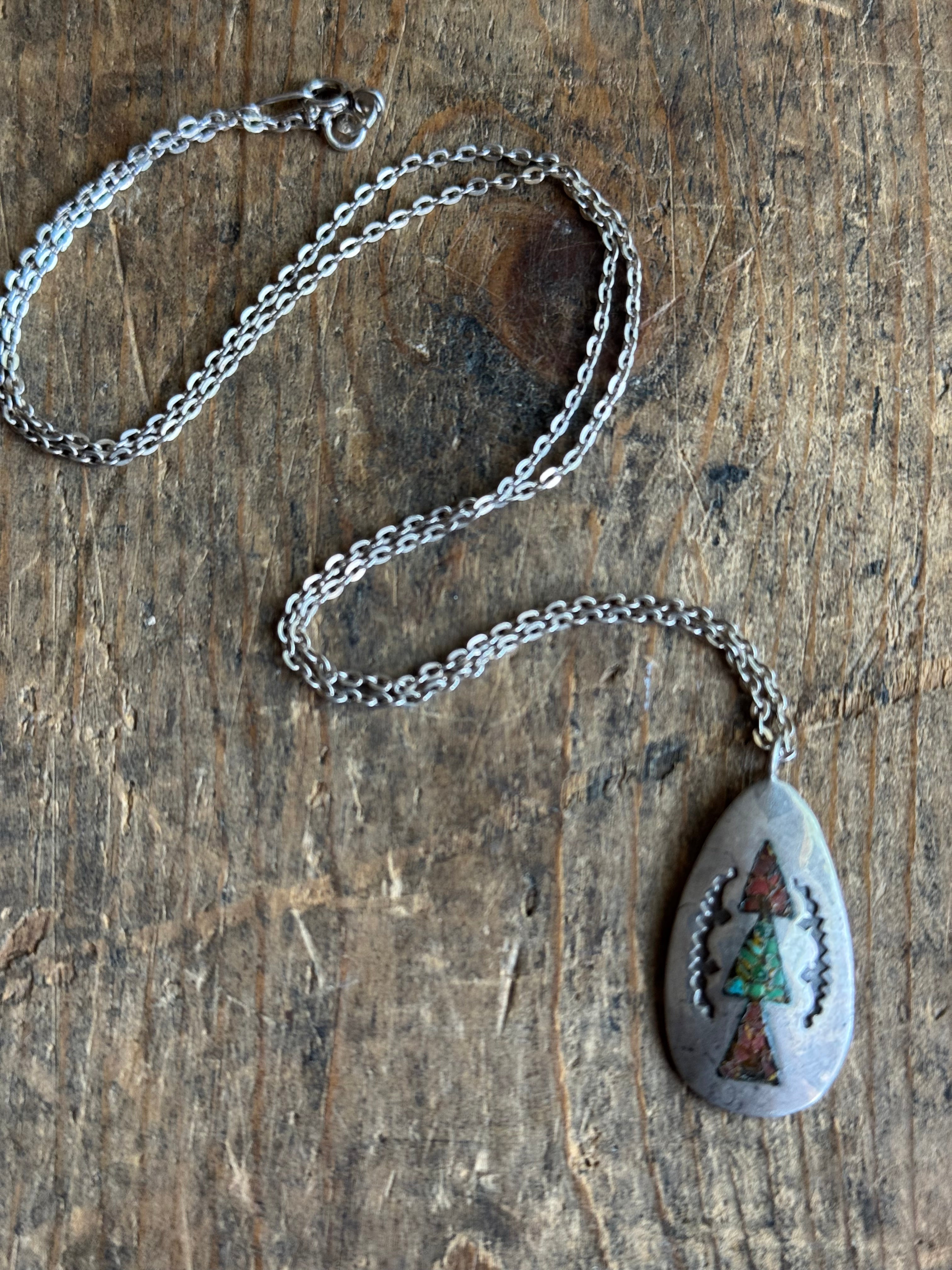 Vintage Sterling Silver Crushed Coral & Turquoise Inlay Teardrop Necklace