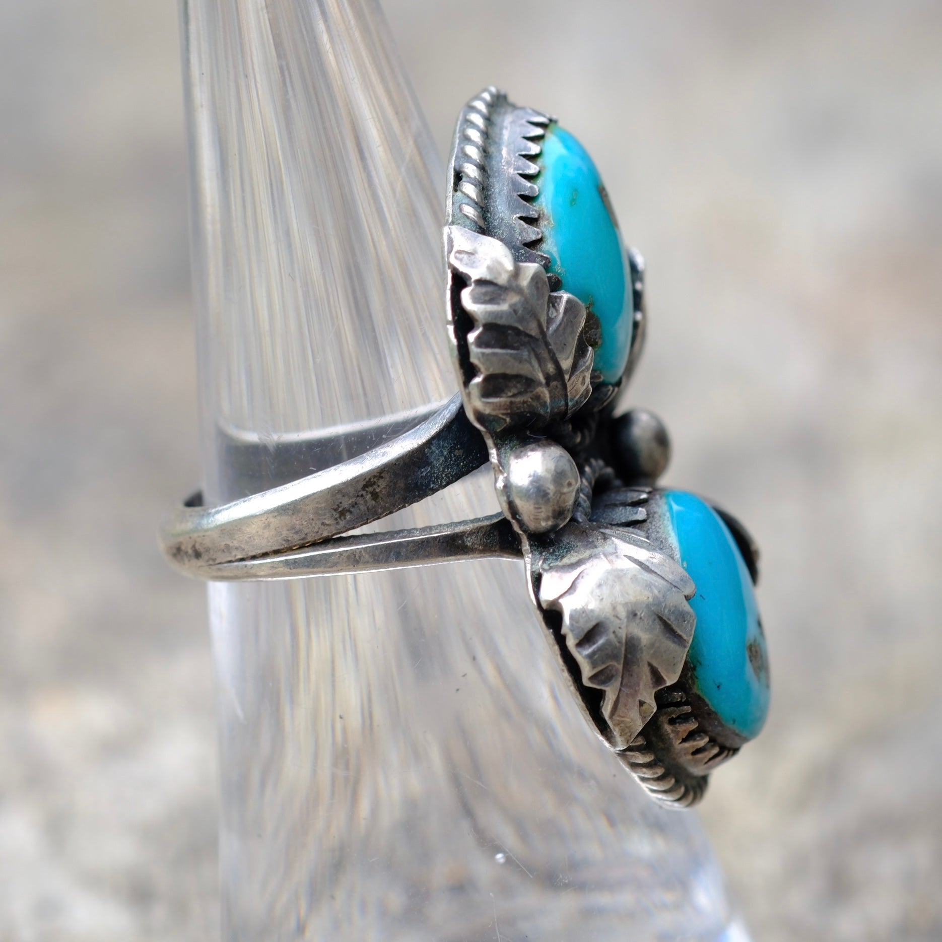 Vintage Sterling 2-Stone Turquoise Feather Ring 5.5