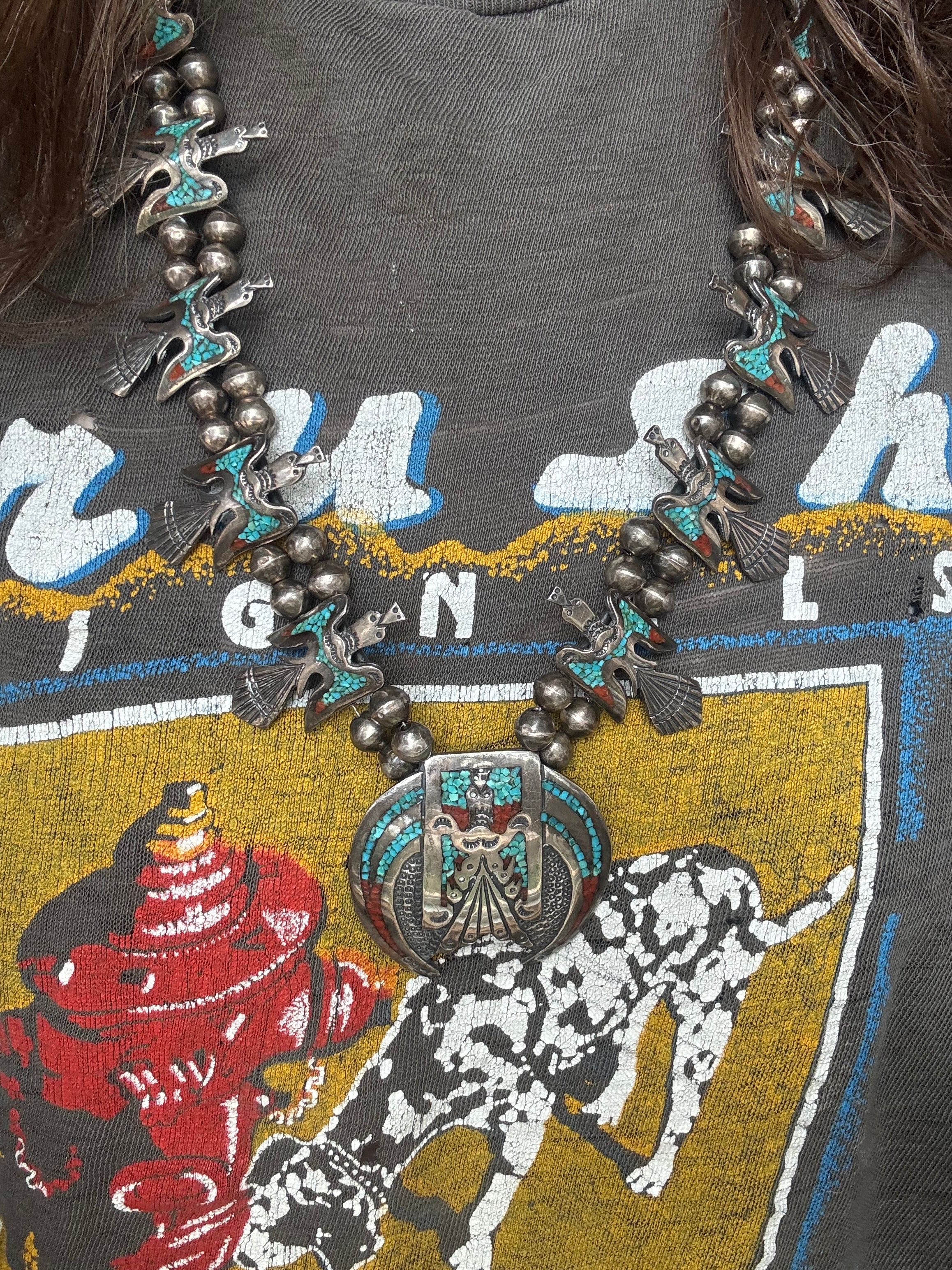 Vintage Sterling Silver Turquoise & Coral Inlay Peyote Bird Squash Blossom