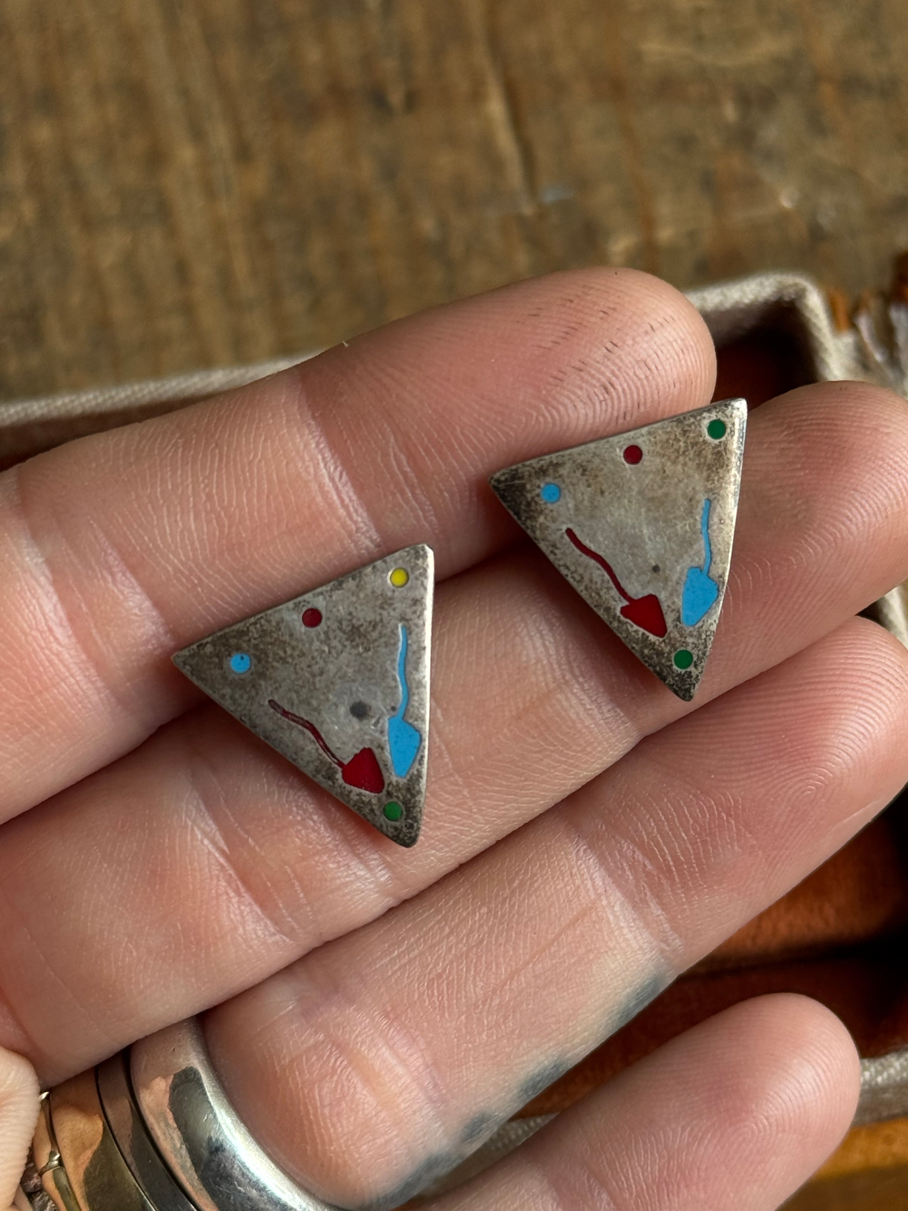 Vintage Sterling Silver Enamel Triangle Earrings