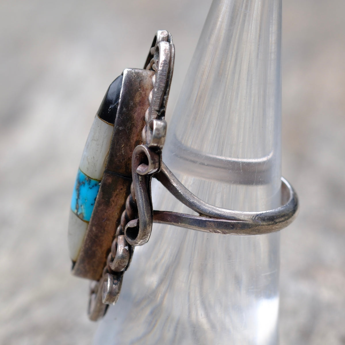 Vintage Sterling Multi Stone Inlay Ring 5.5