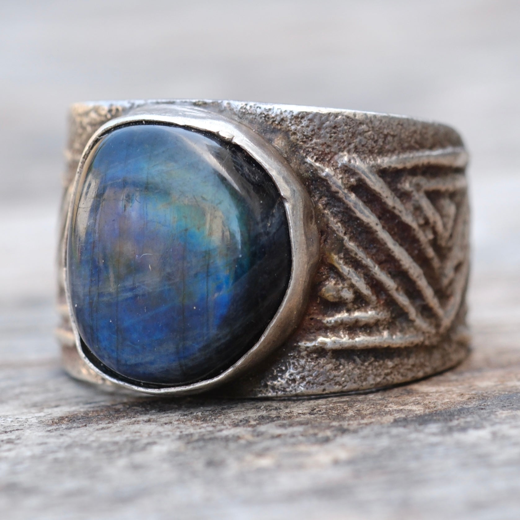 Vintage Sterling Sand Cast Labradorite Ring 10