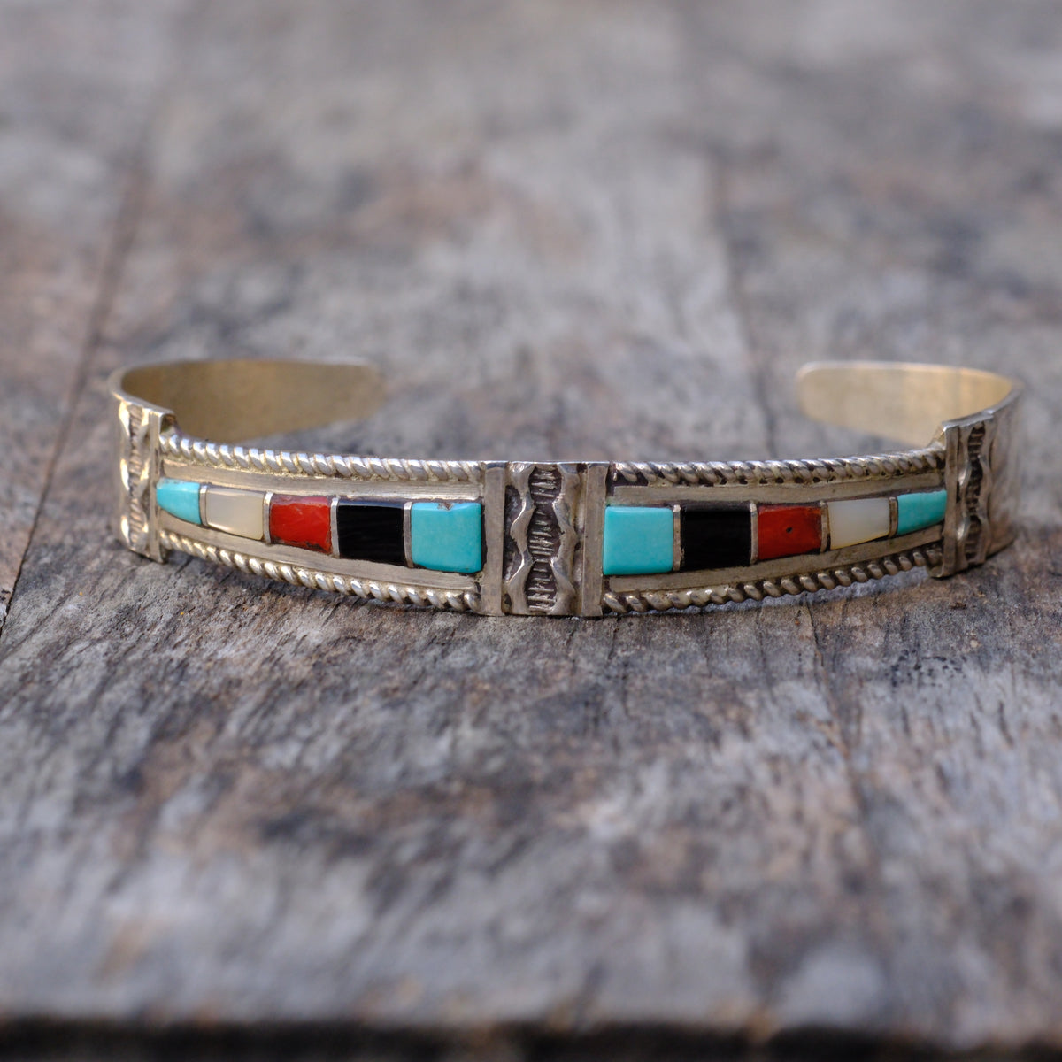 Vintage Sterling Multistone Inlay Cuff Bracelet