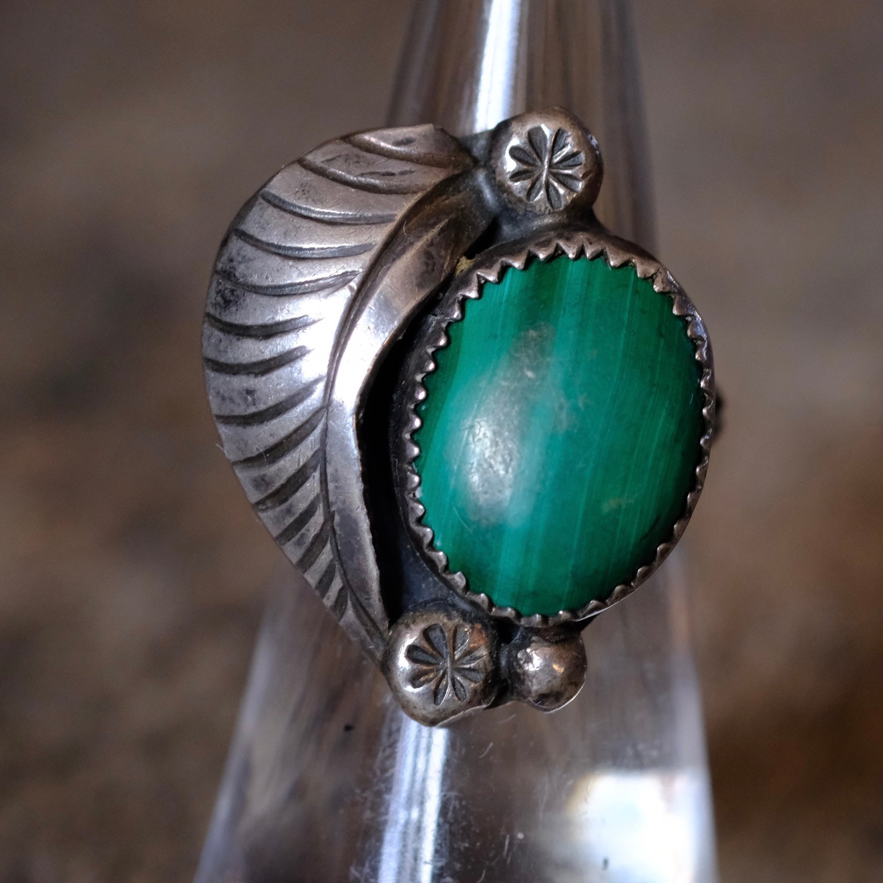 Vintage Sterling Malachite Feather Ring 5.5