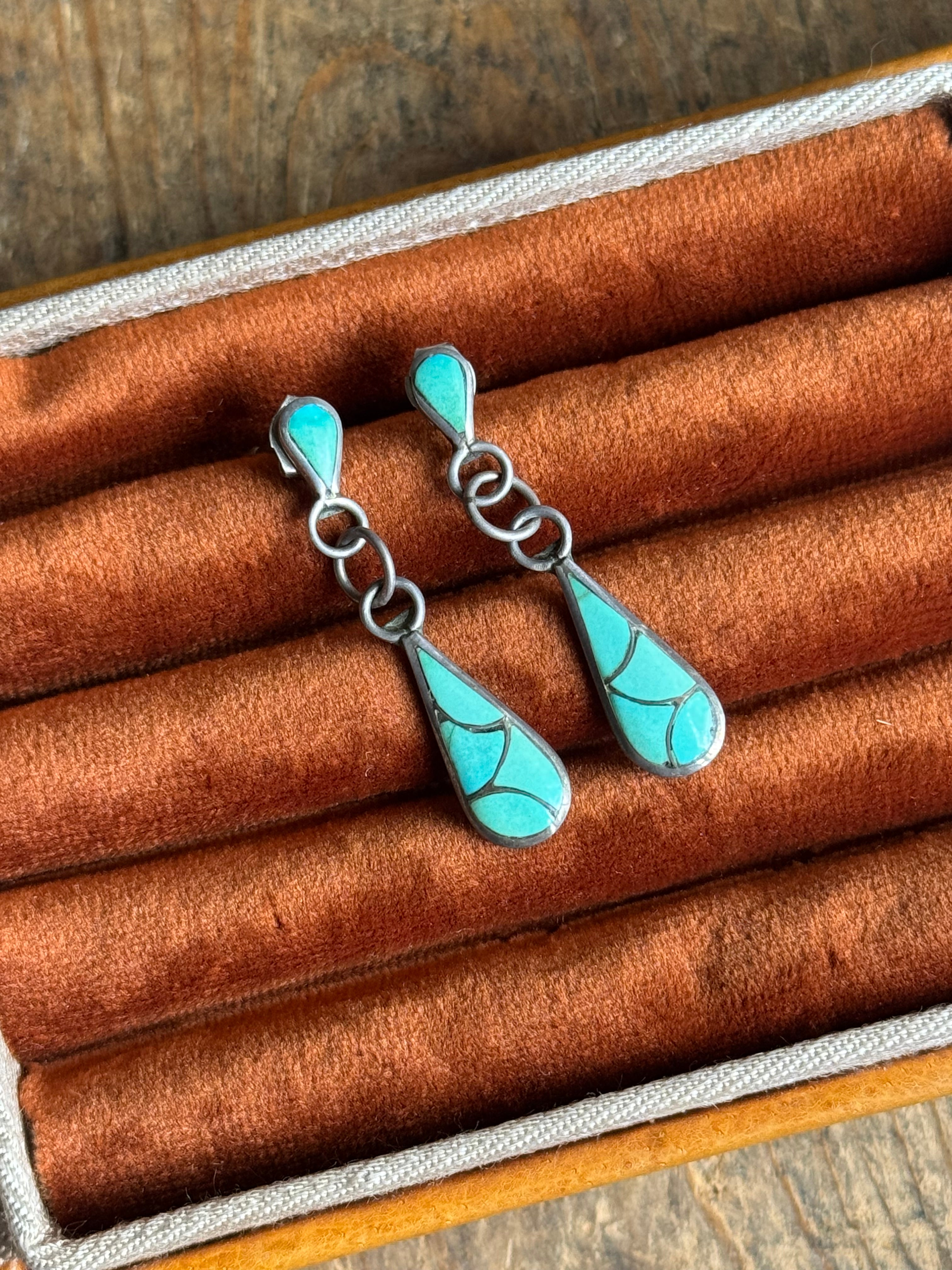 Vintage Sterling Silver Turquoise Inlay Teardrop Earrings