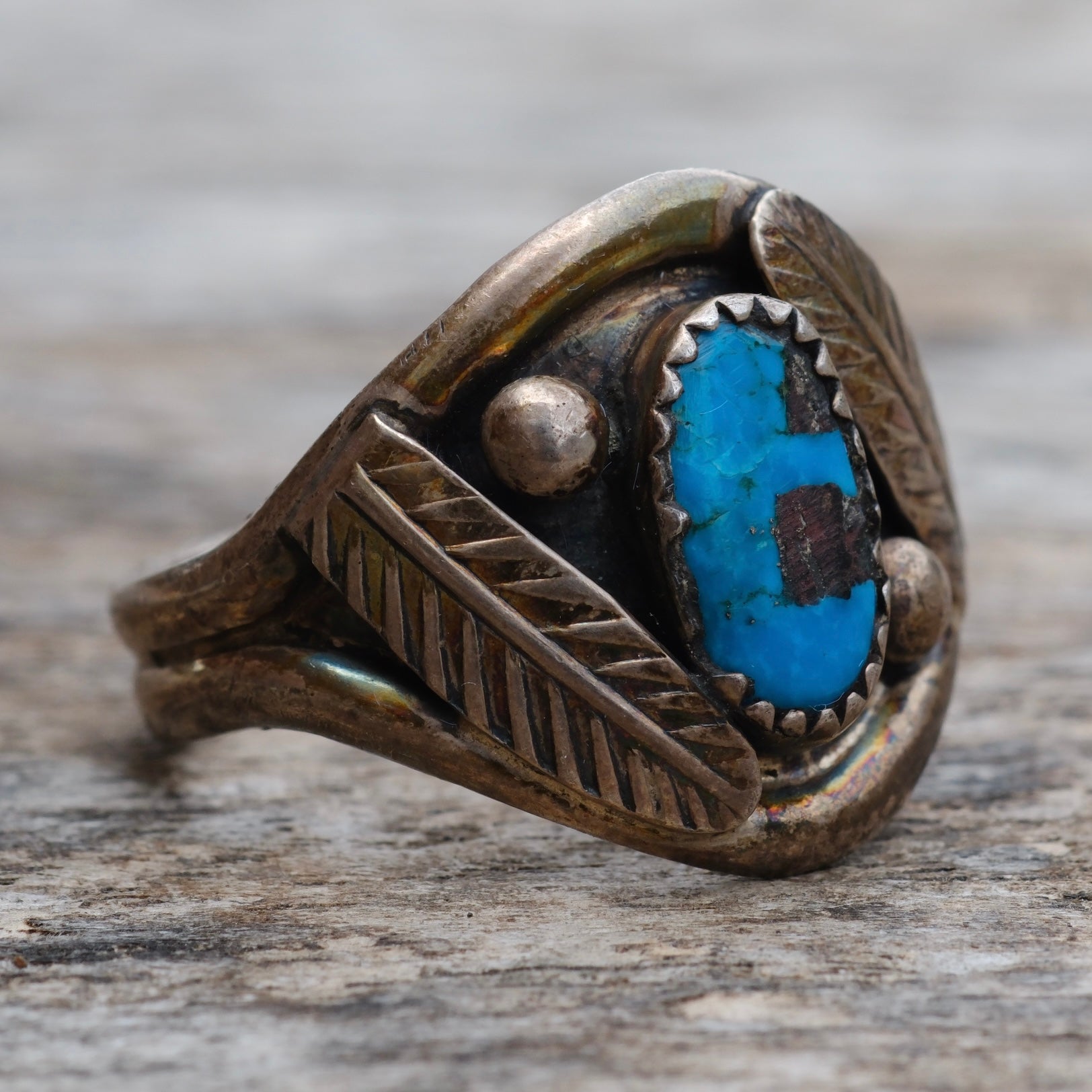 Vintage Sterling Turquoise Feather Ring 11.75
