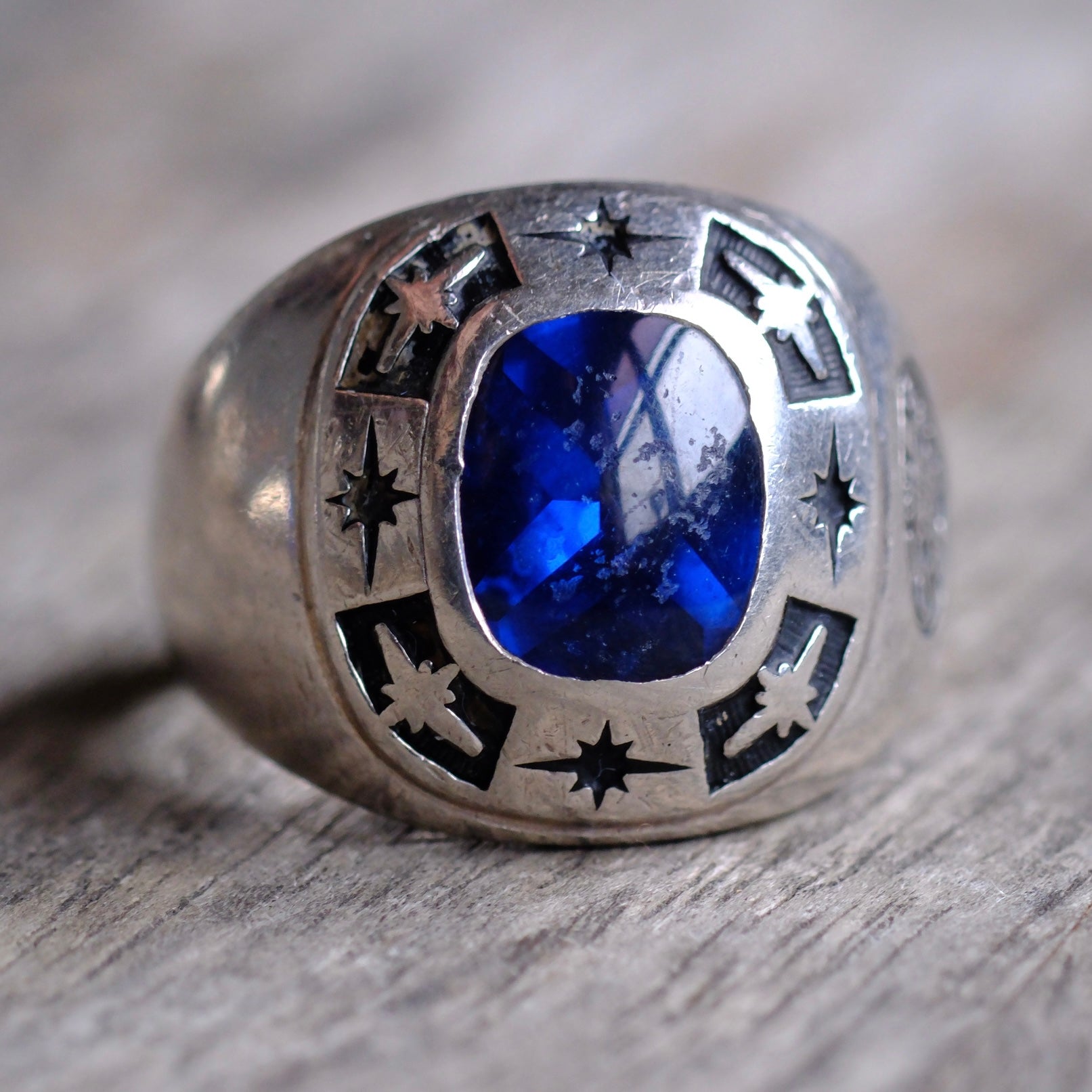 Vintage Sterling Blue Glass Star Burst Ring 10.5