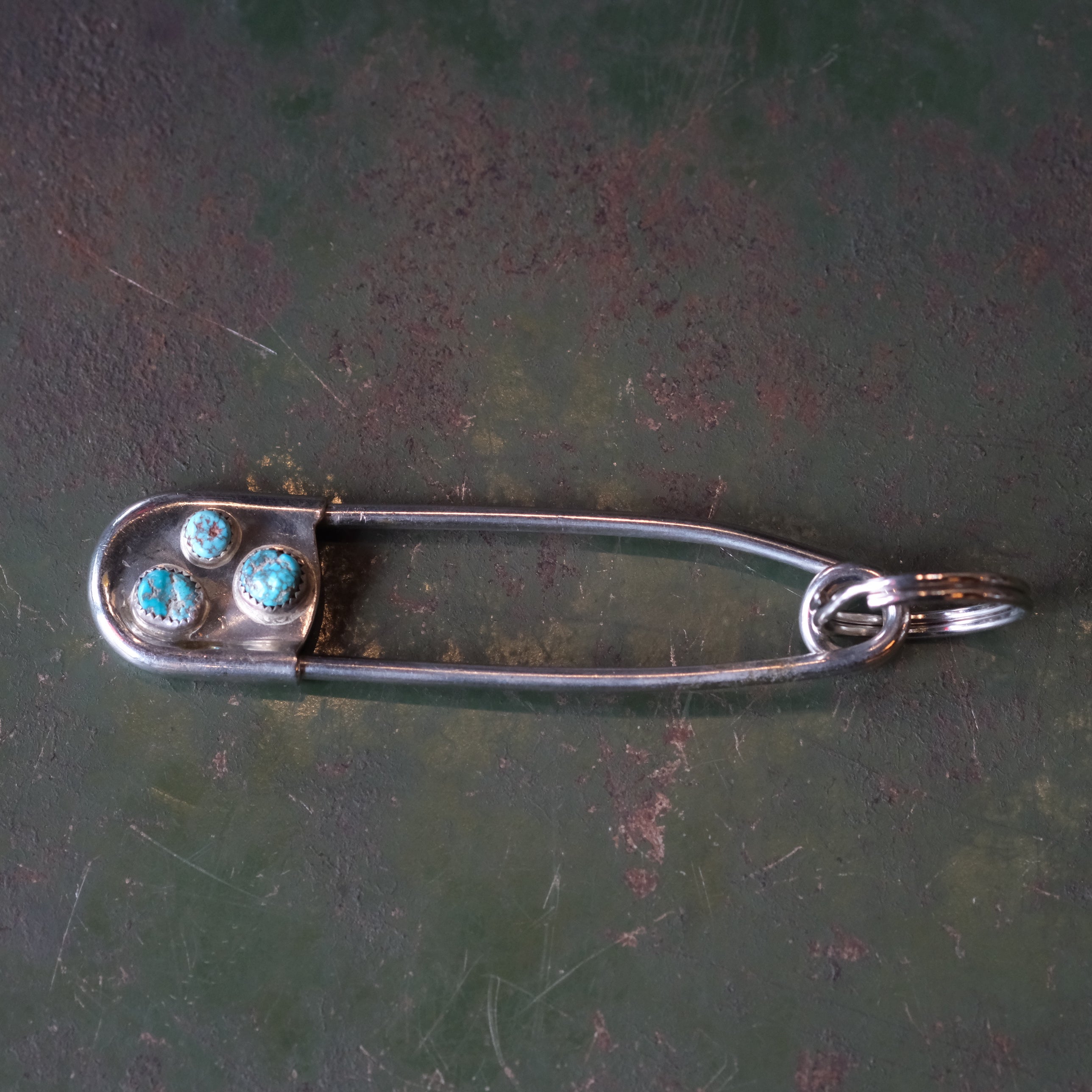Vintage 3-Stone Turquoise Safety Pin Keychain 4"