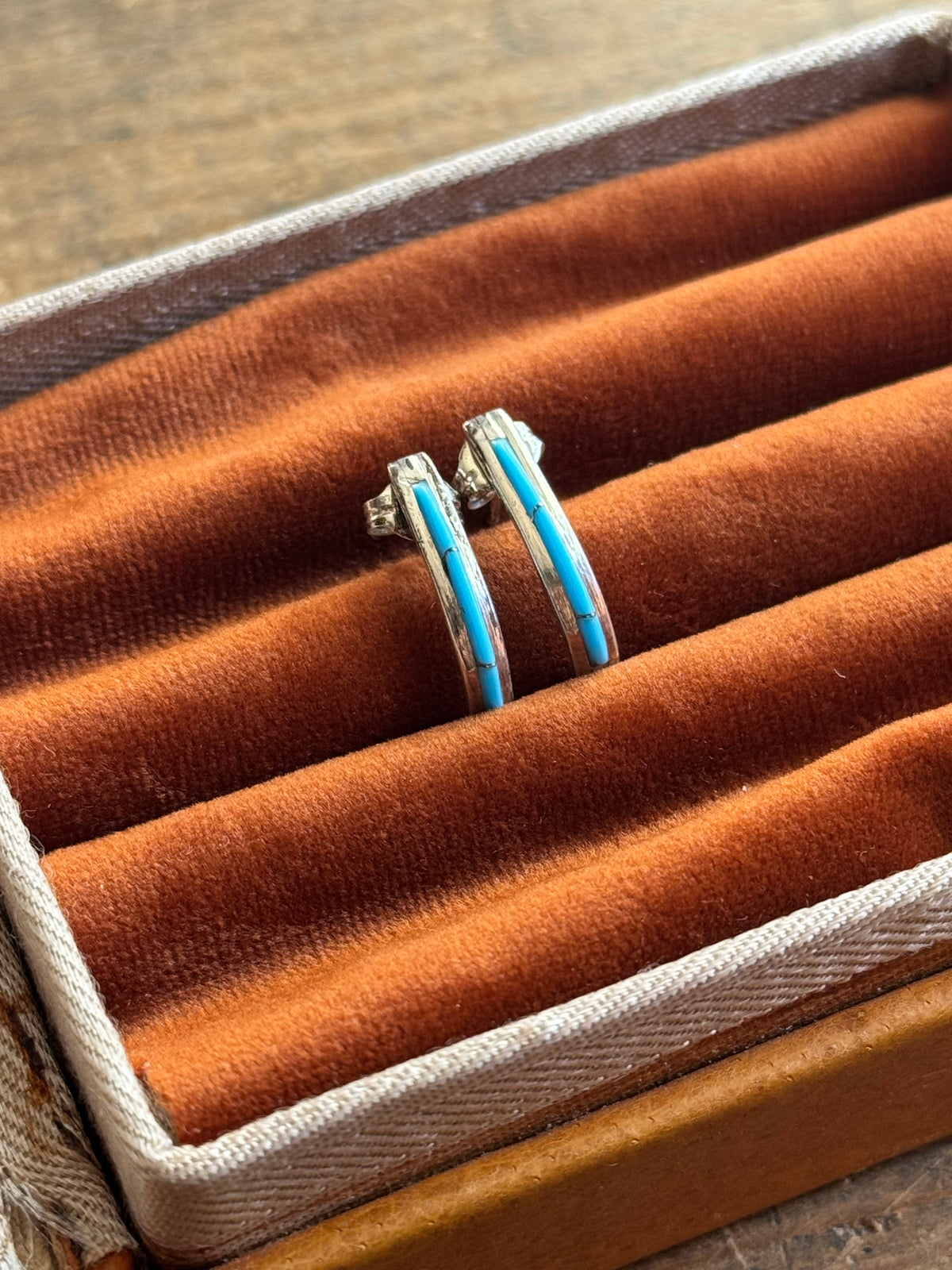 Vintage Sterling Silver Turquoise Inlay Crescent Hoops
