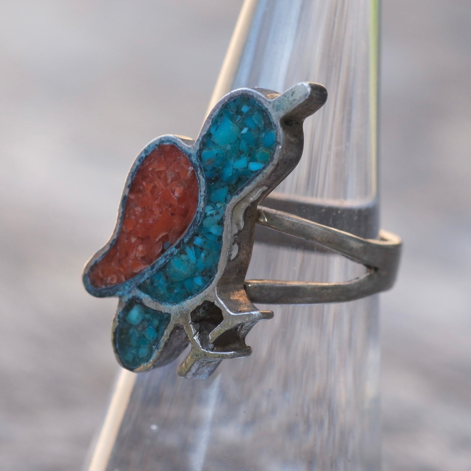 Vintage Sterling Turquoise and Coral Bird Ring 6