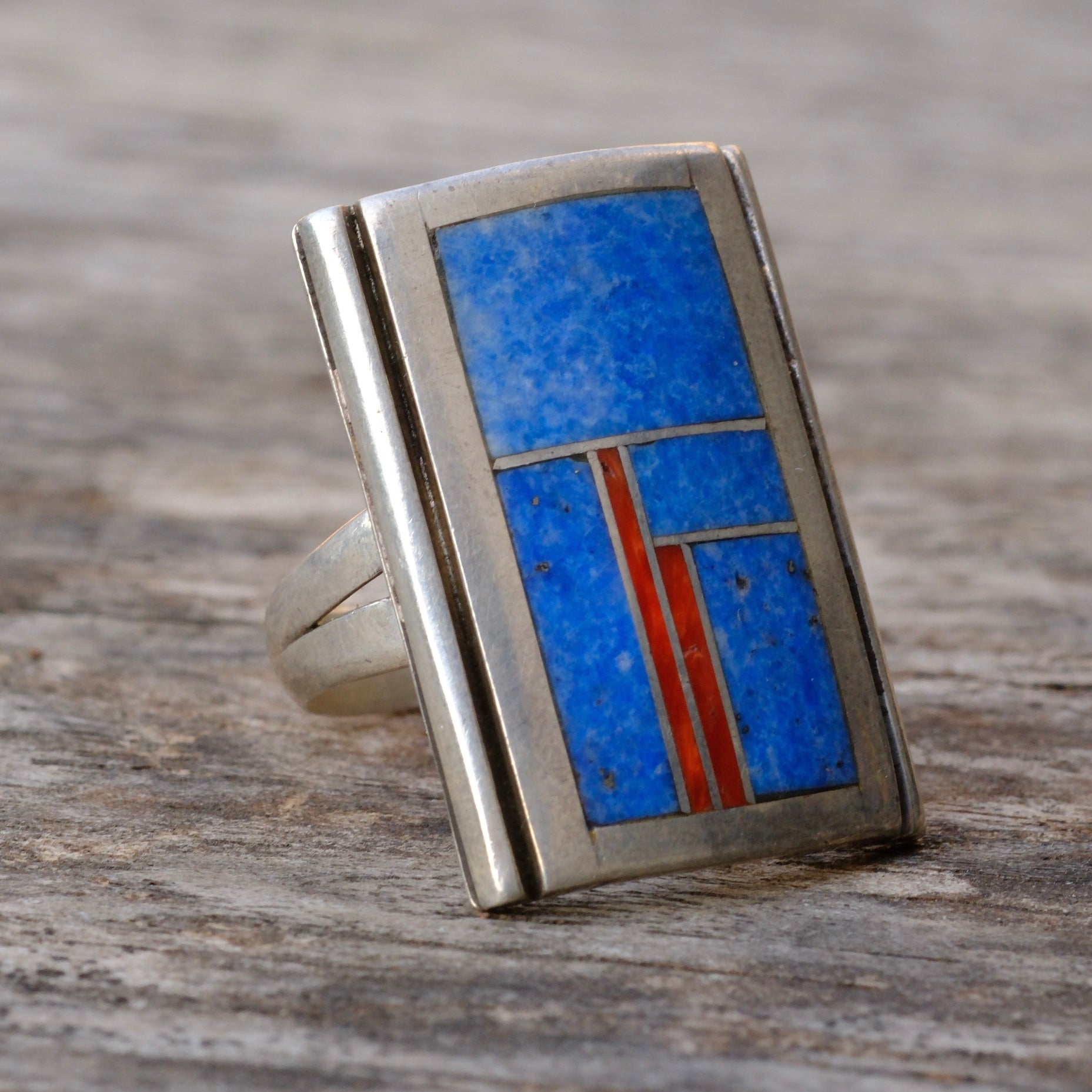 Vintage Sterling Sodalite and Coral Inlay Mosaic Ring 6.25