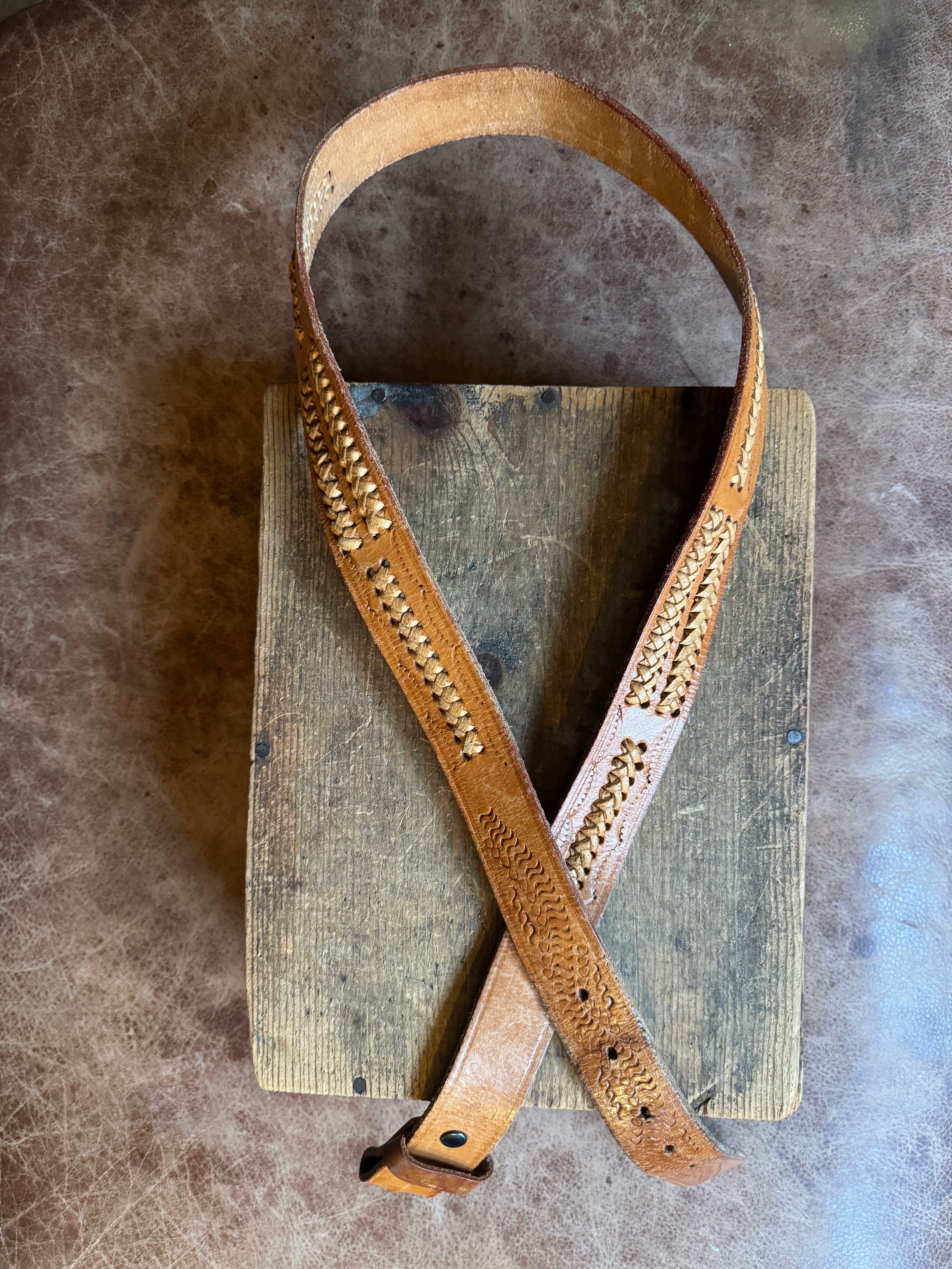 Vintage Stamped Laced Brown Leather Belt