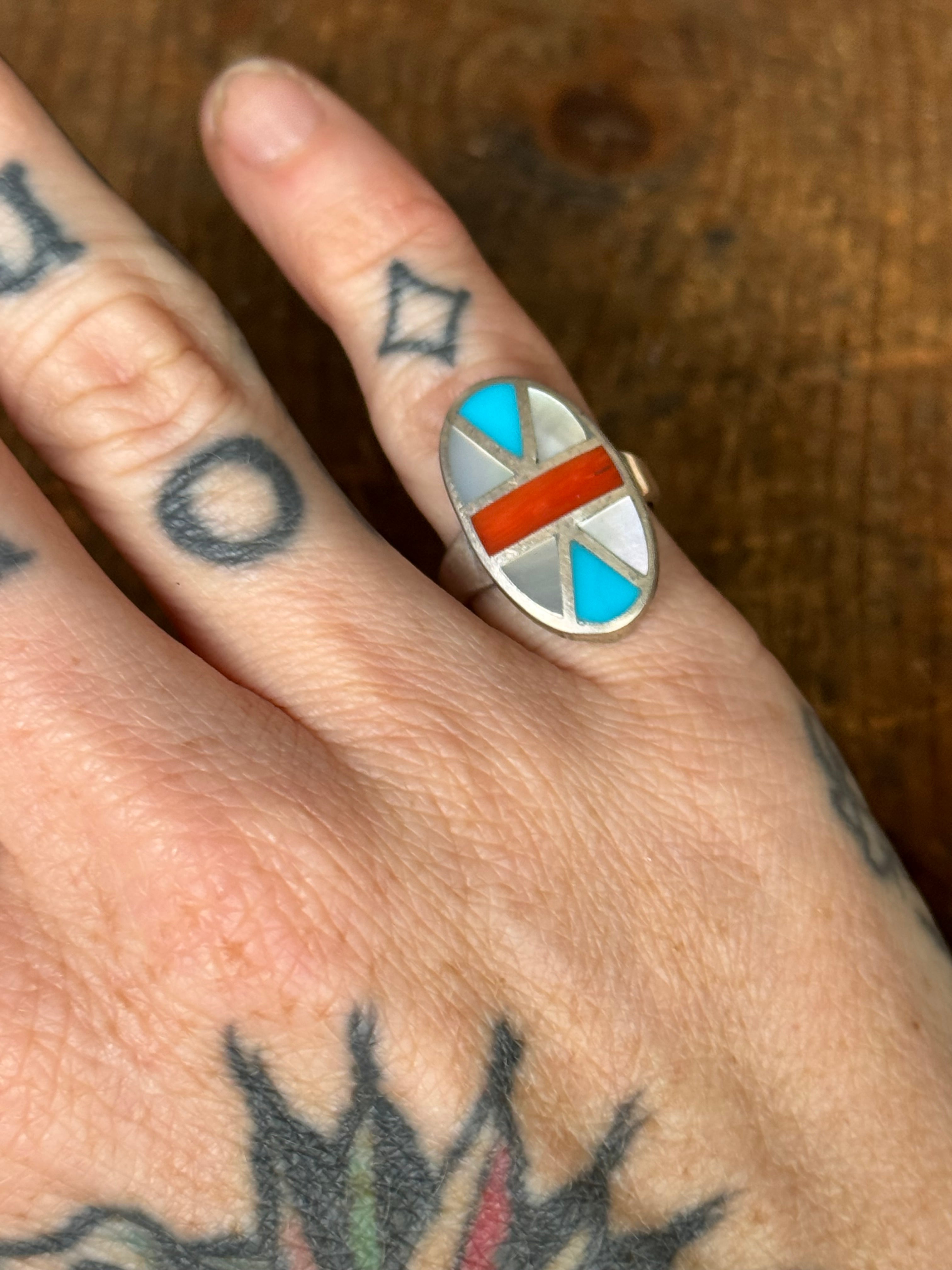 Vintage Sterling Silver Multistone Inlay Ring 5.5