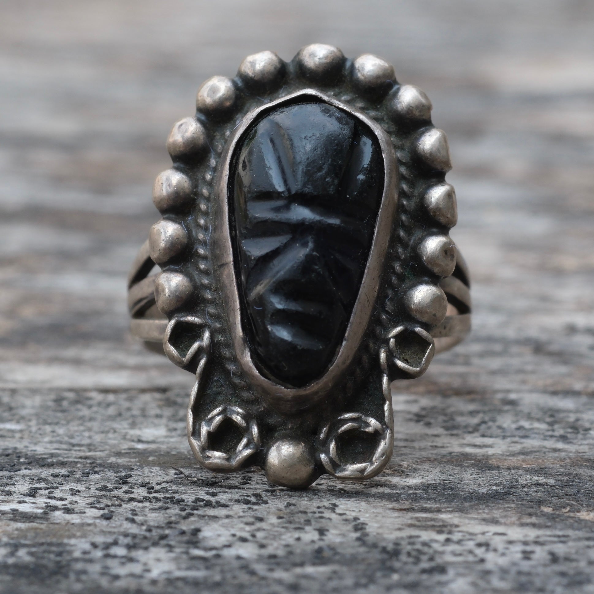 Vintage Sterling Carved Onyx Face Ring 5.5