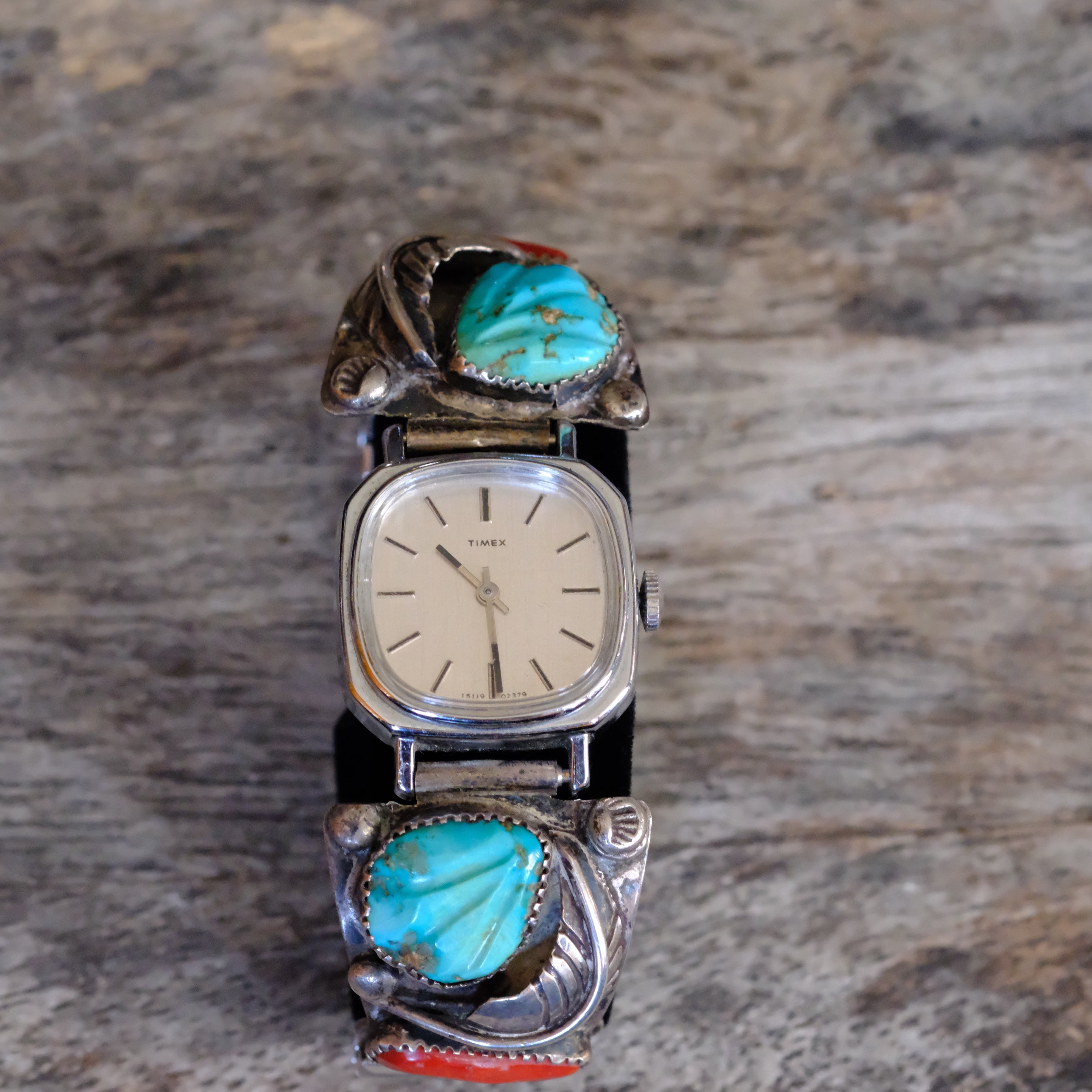 Vintage Sterling Faceted Turquoise and Coral Feather Watch