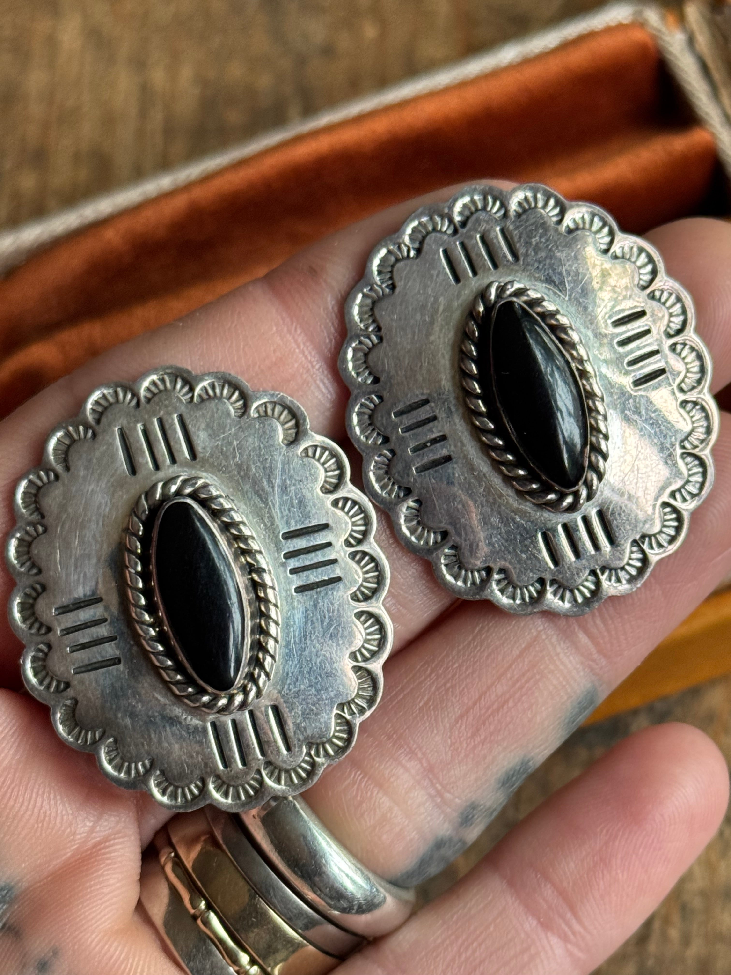 Vintage Sterling Silver Onyx Concho Earrings