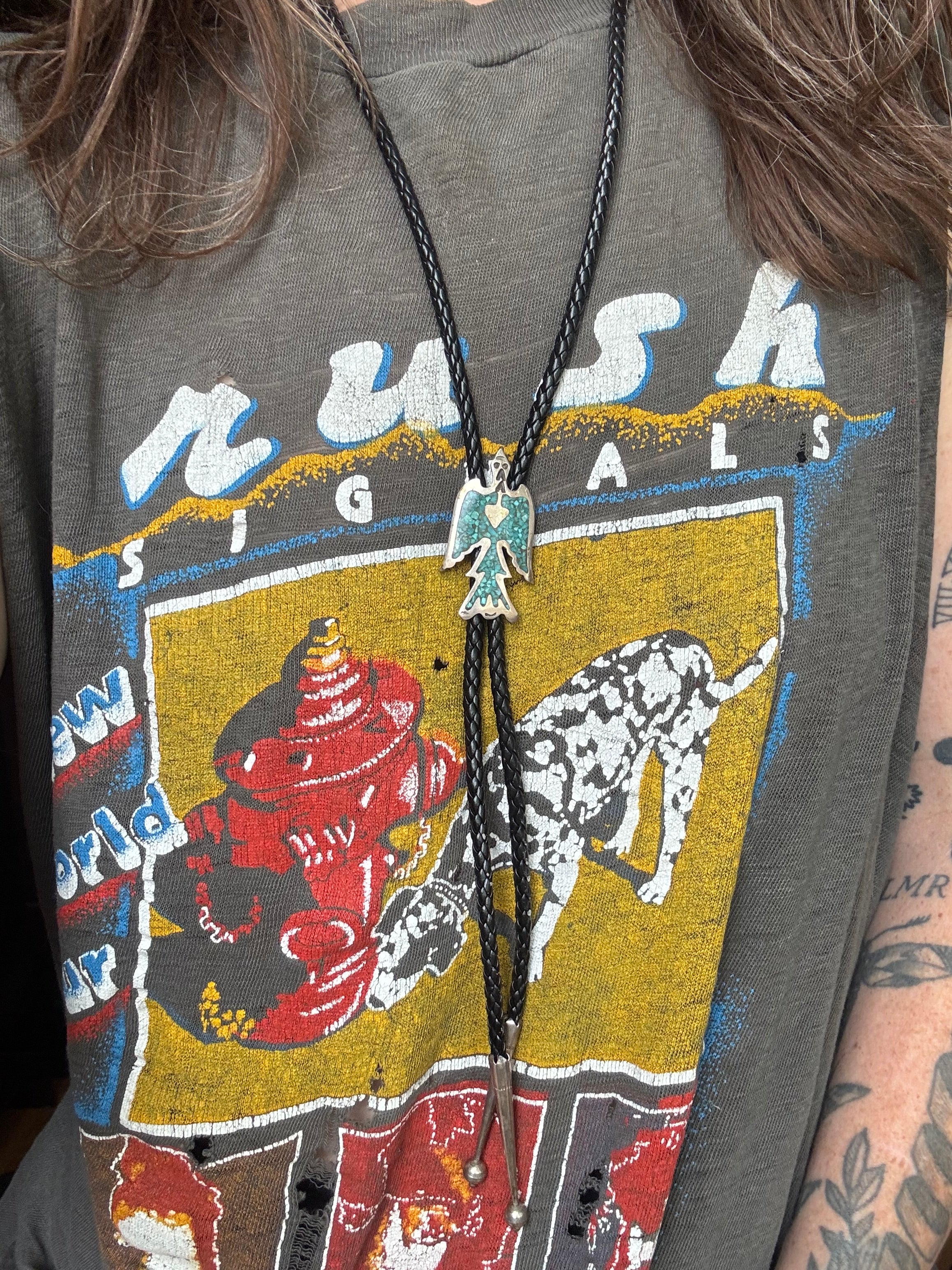 Vintage Sterling Silver Turquoise Inlay Eagle Bolo