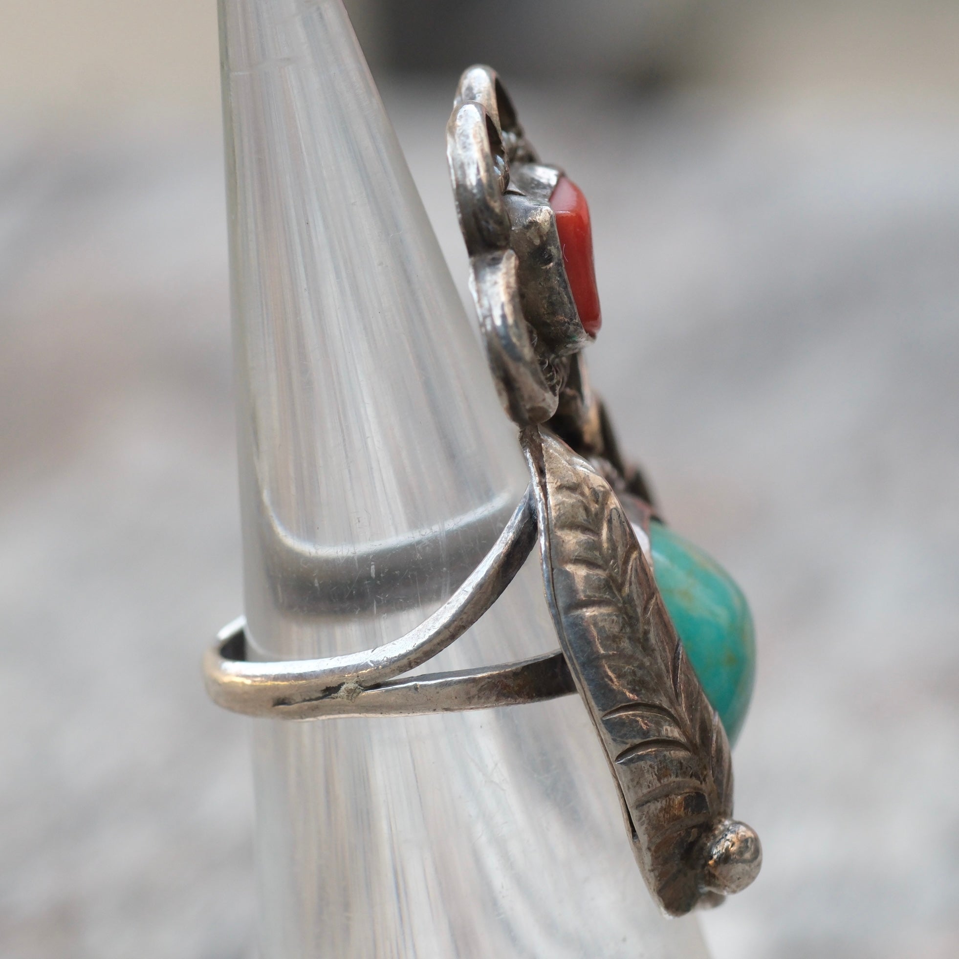 Vintage Sterling Turquoise and Coral Feather Ring 4