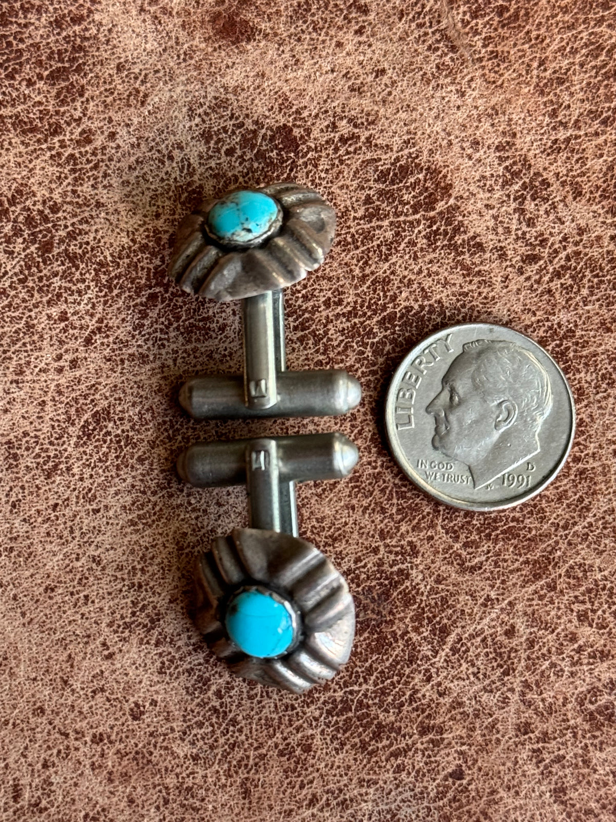 Vintage Sterling Silver Turquoise Concho Cufflinks