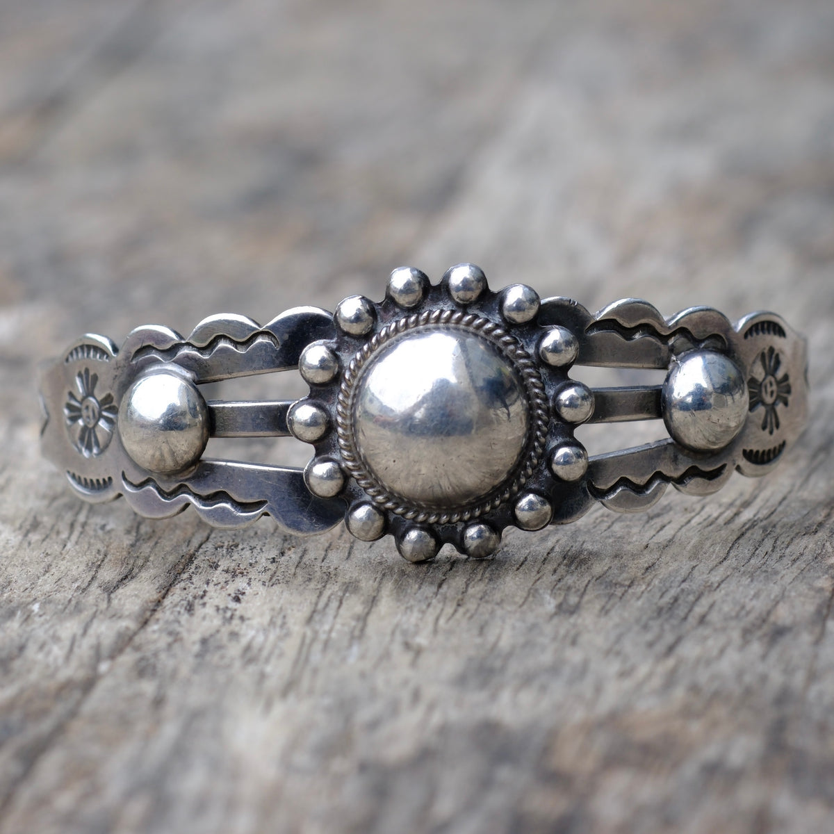 Vintage Sterling Silver Stamped and Domed Cuff Bracelet