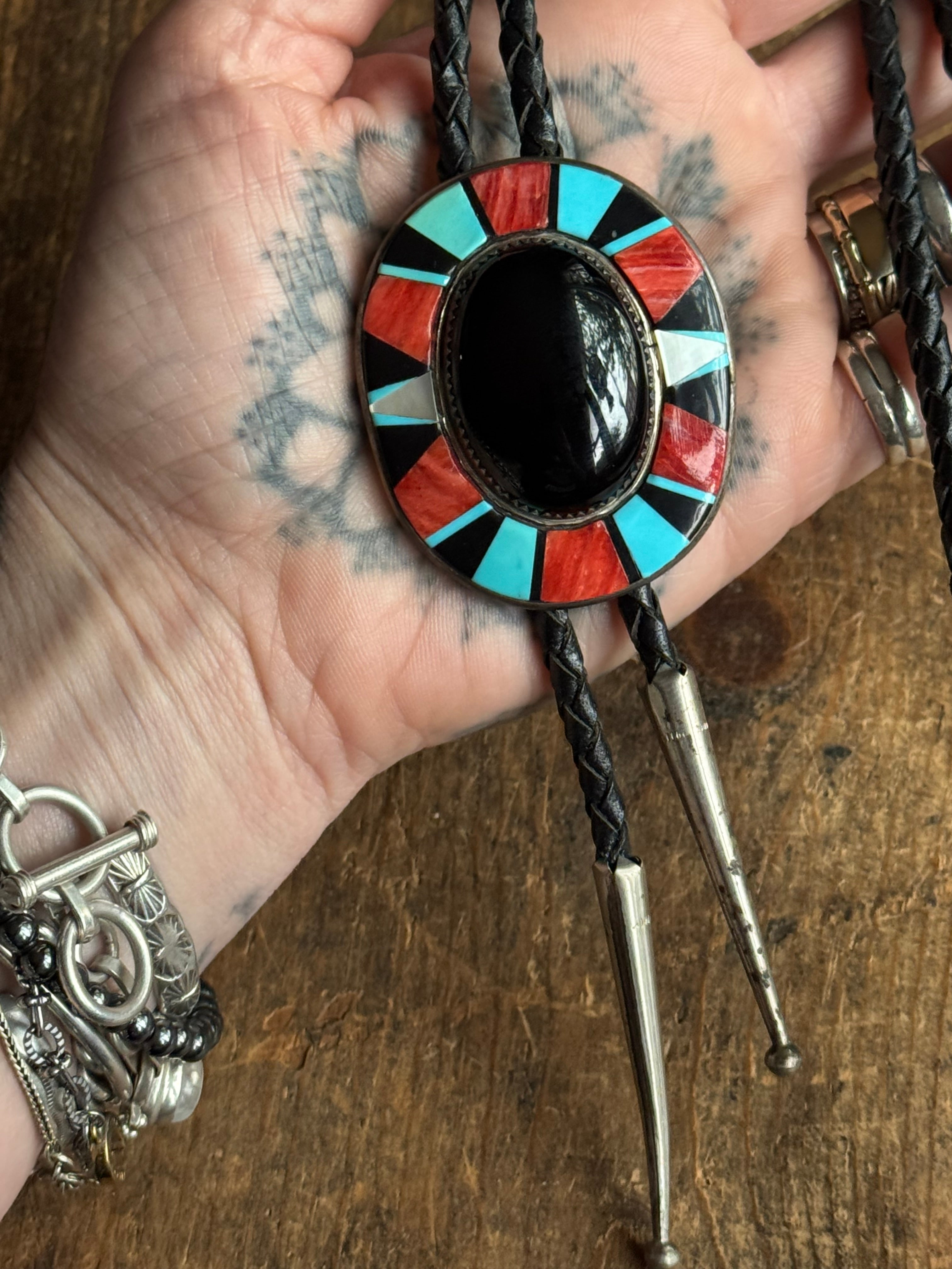 Vintage Sterling Silver Chunky Multistone Inlay Onyx Bolo