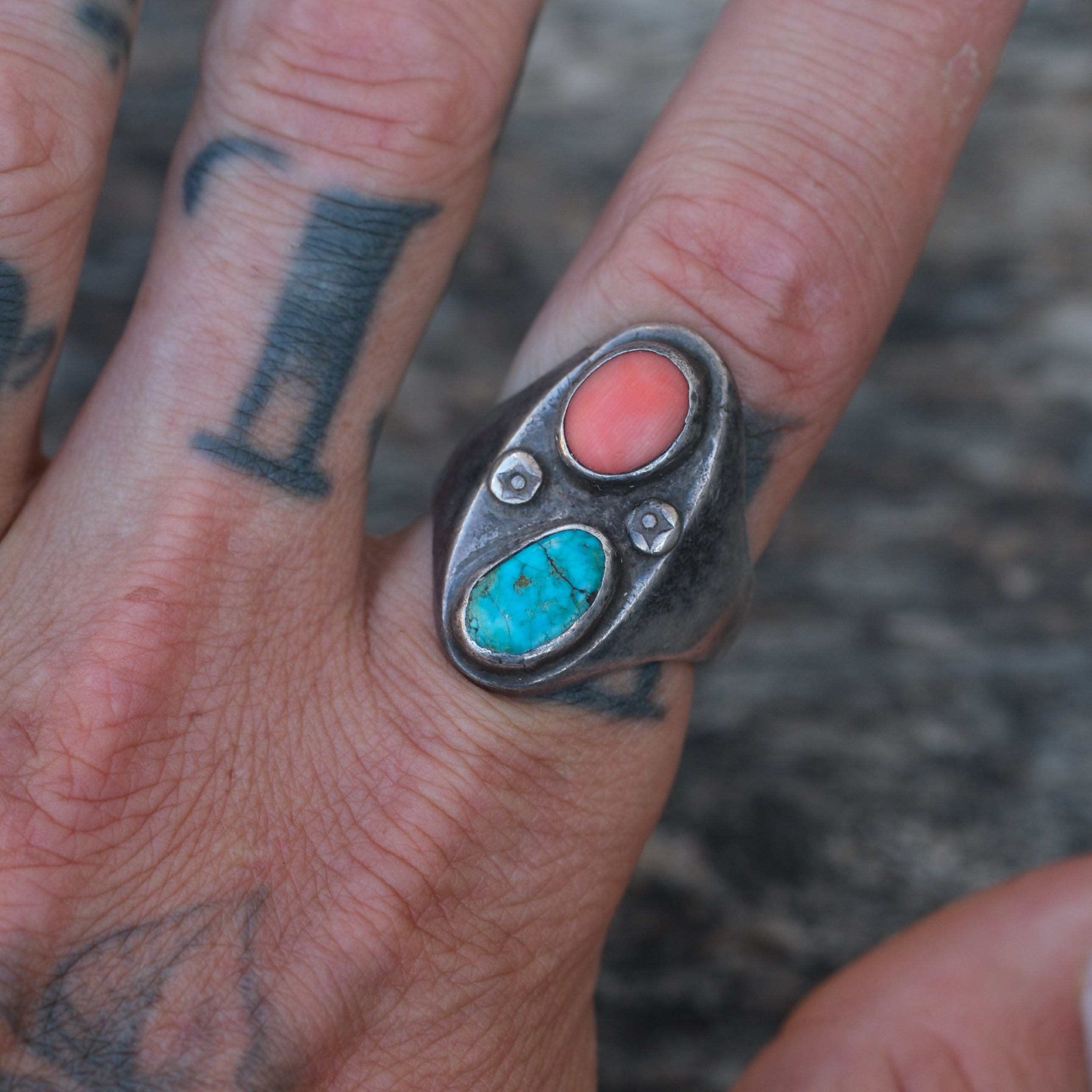 Vintage Sterling Turquoise and Coral Ring 9.5