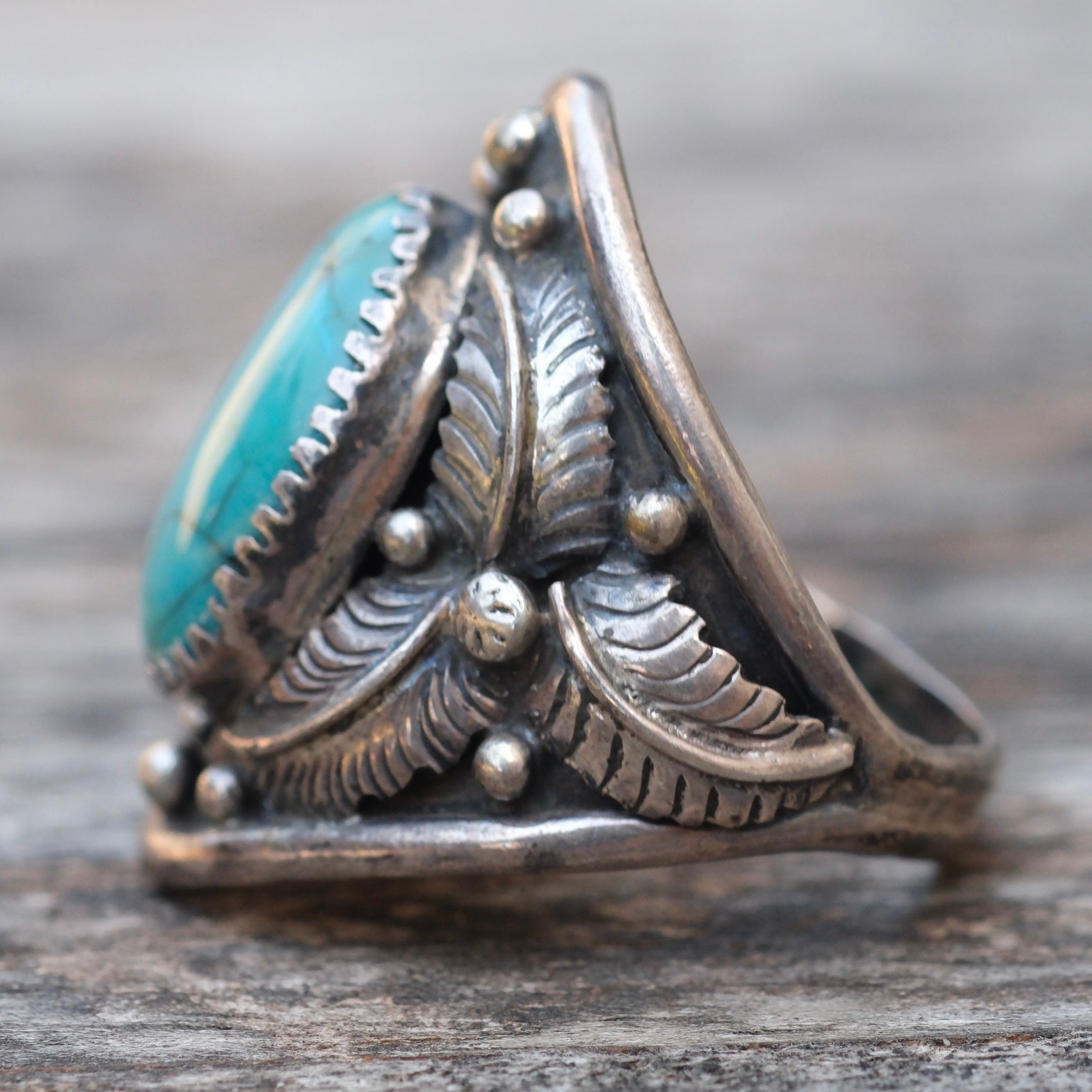 Vintage Sterling Turquoise Feather Ring 11.25