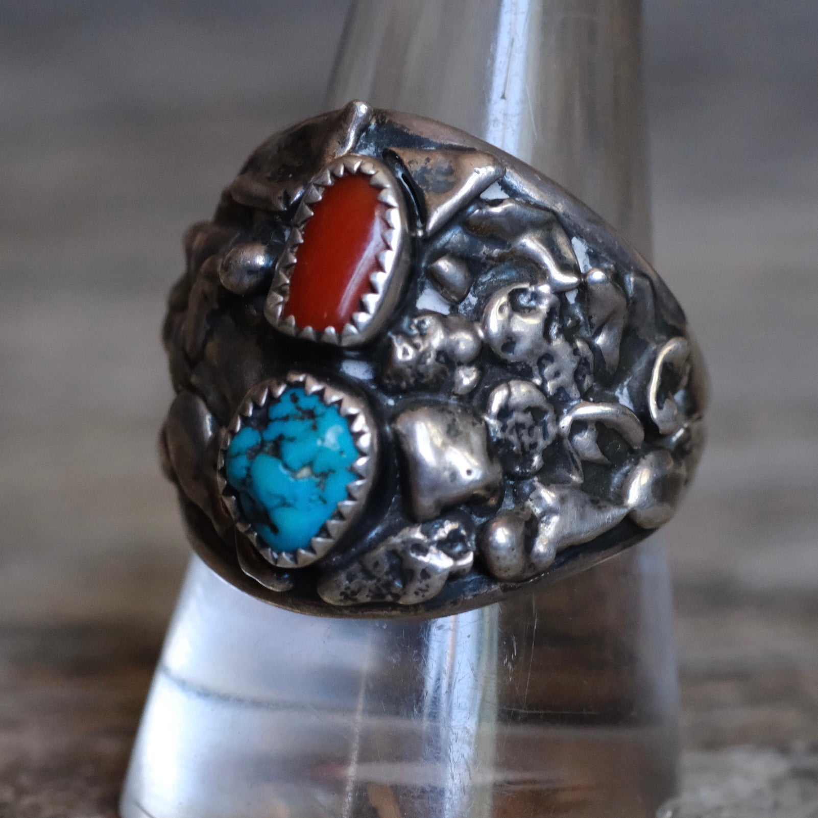 Vintage Sterling Turquoise and Coral Ring 10