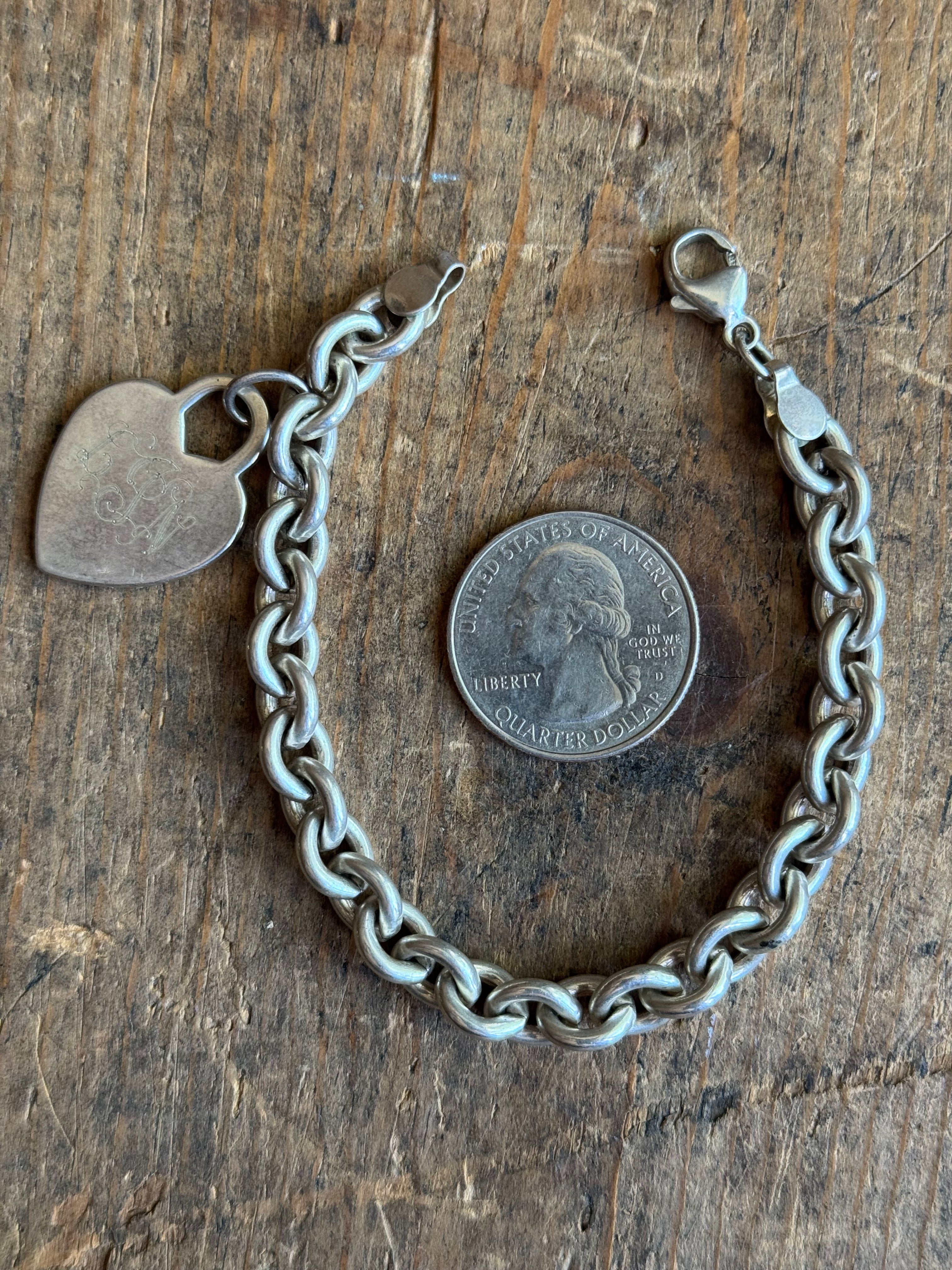 Vintage Sterling Silver Oval Cable Heart Charm Bracelet 7.25"
