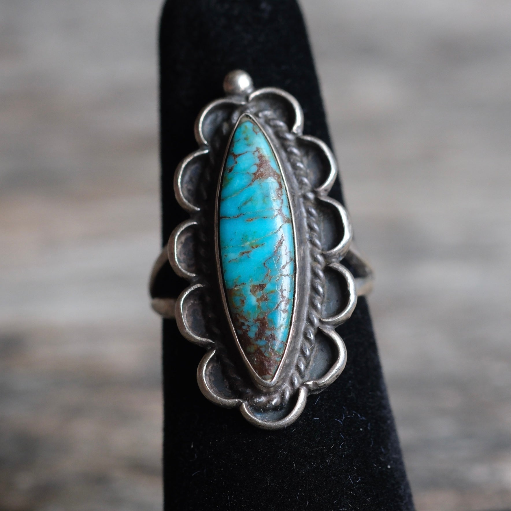 Vintage Sterling Turquoise Florette Ring 5.25