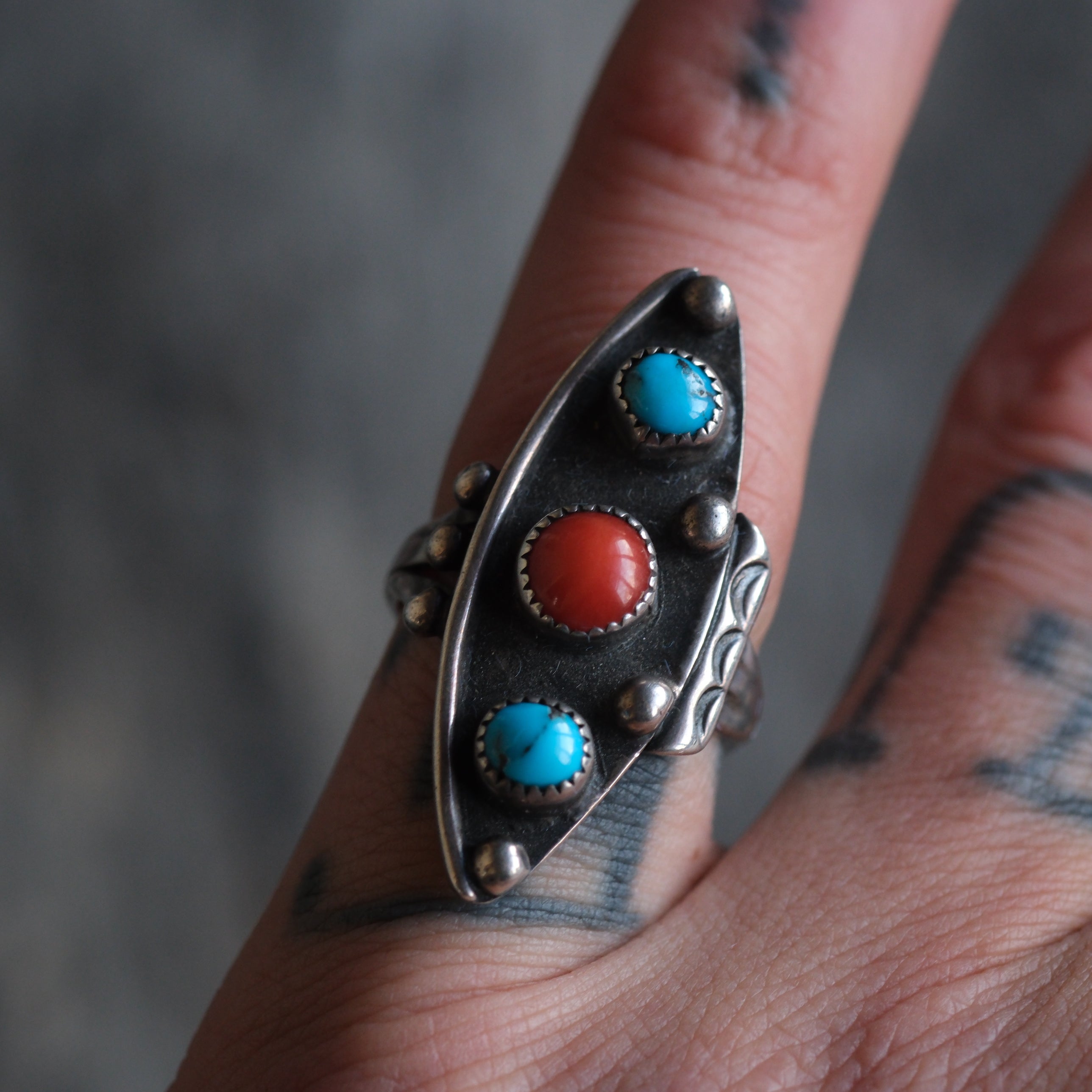 Vintage Sterling Turquoise and Coral Ring 6.5