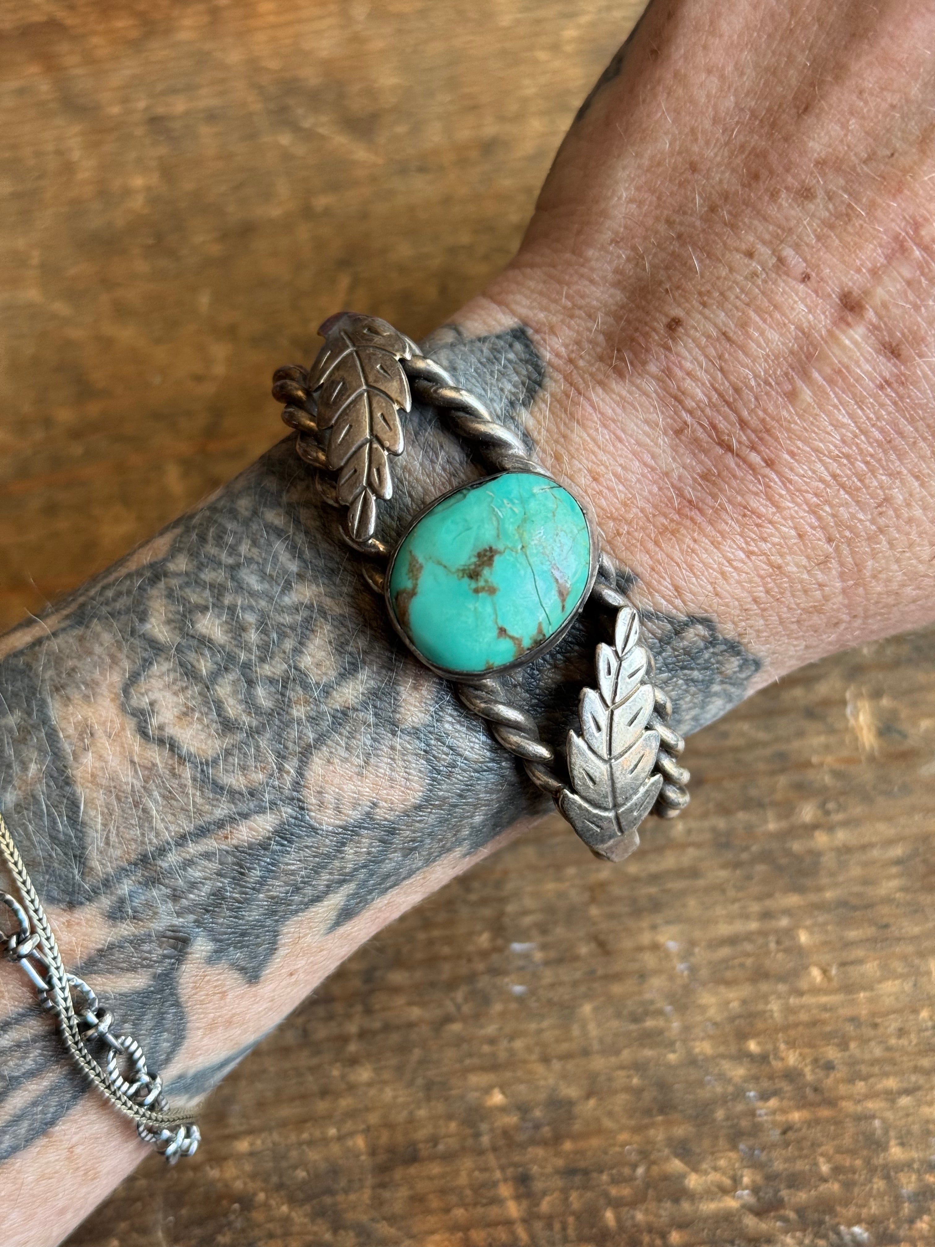 Vintage Sterling Silver Turquoise Leaf Cuff