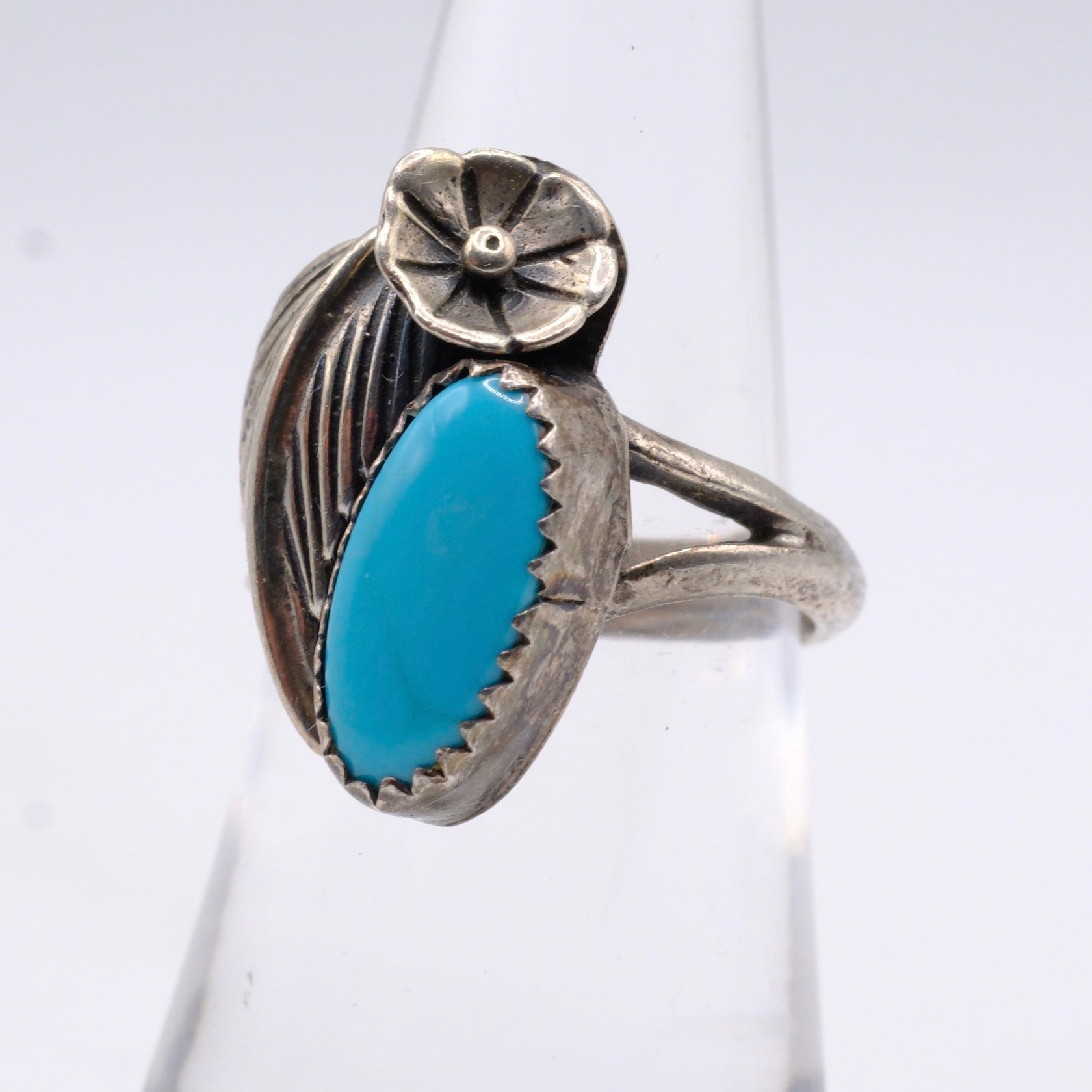 Vintage Sterling Turquoise Feather Ring 6.25