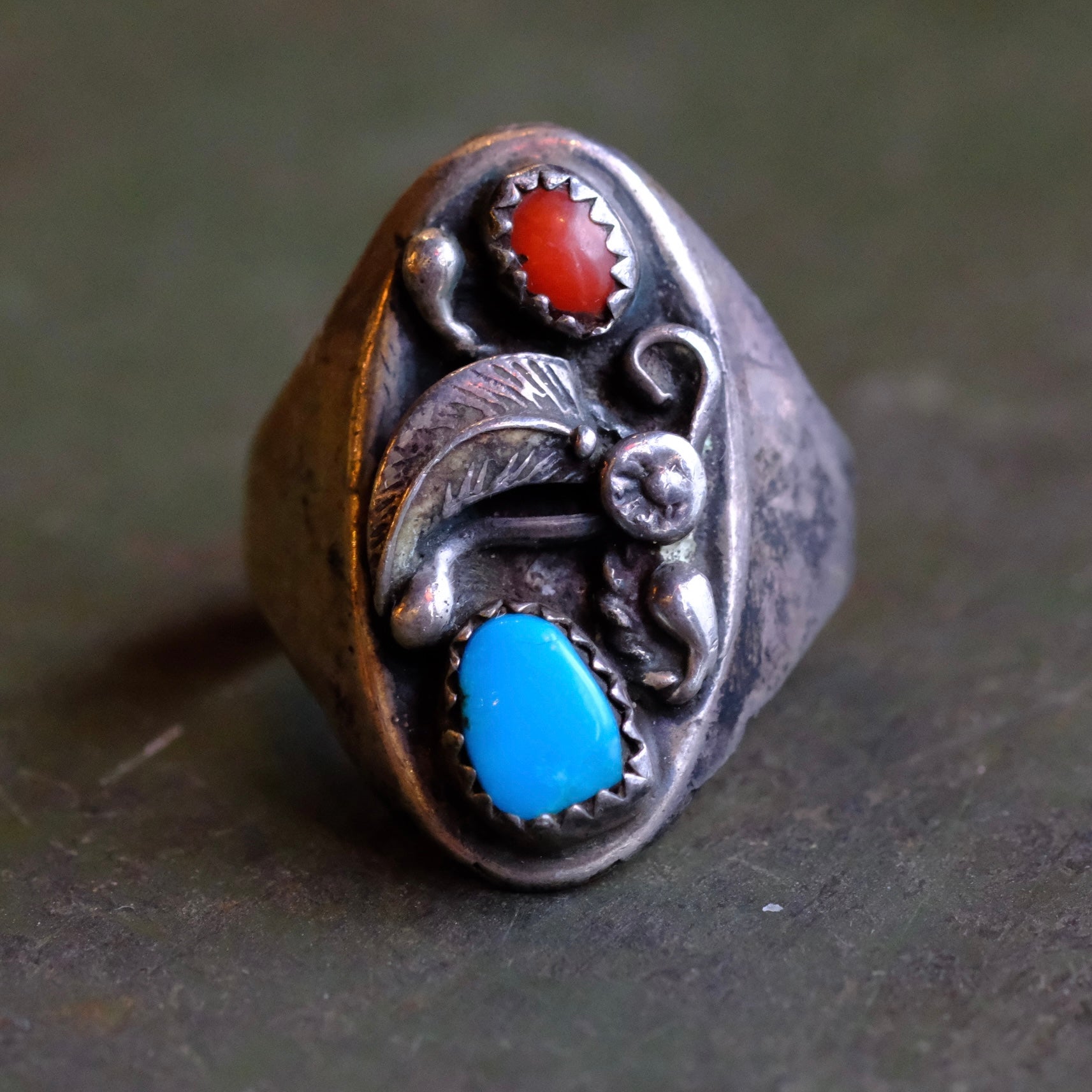 Vintage Sterling Turquoise and Coral Feather Ring 8